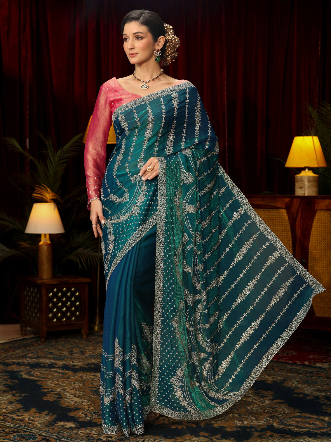 Mameraa Art Teal Blue Sequin Embellished Tissue Saree