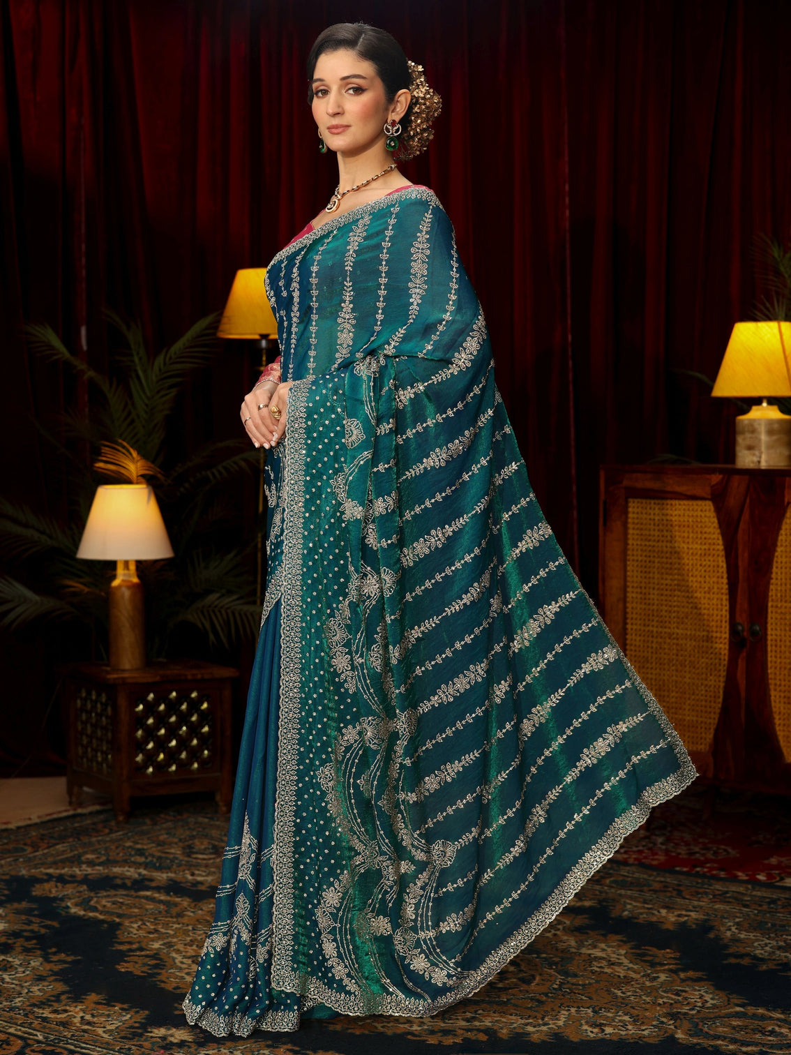Mameraa Art Teal Blue Sequin Embellished Tissue Saree