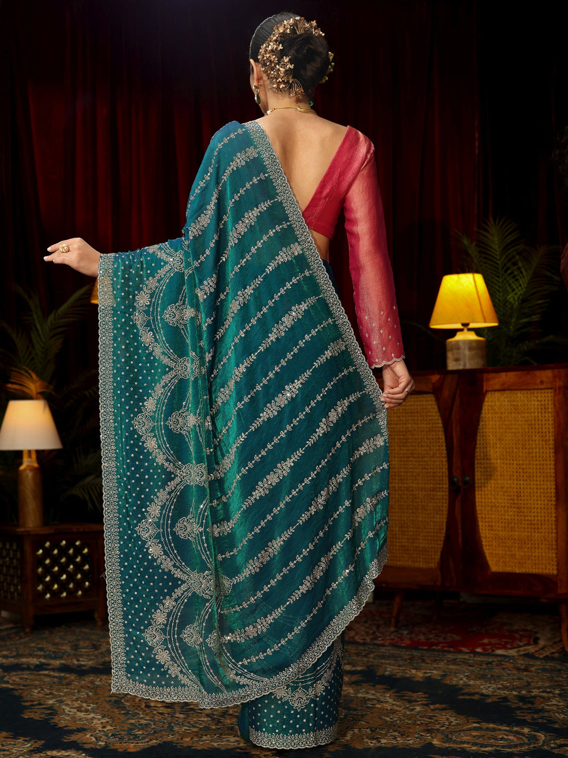 Mameraa Art Teal Blue Sequin Embellished Tissue Saree