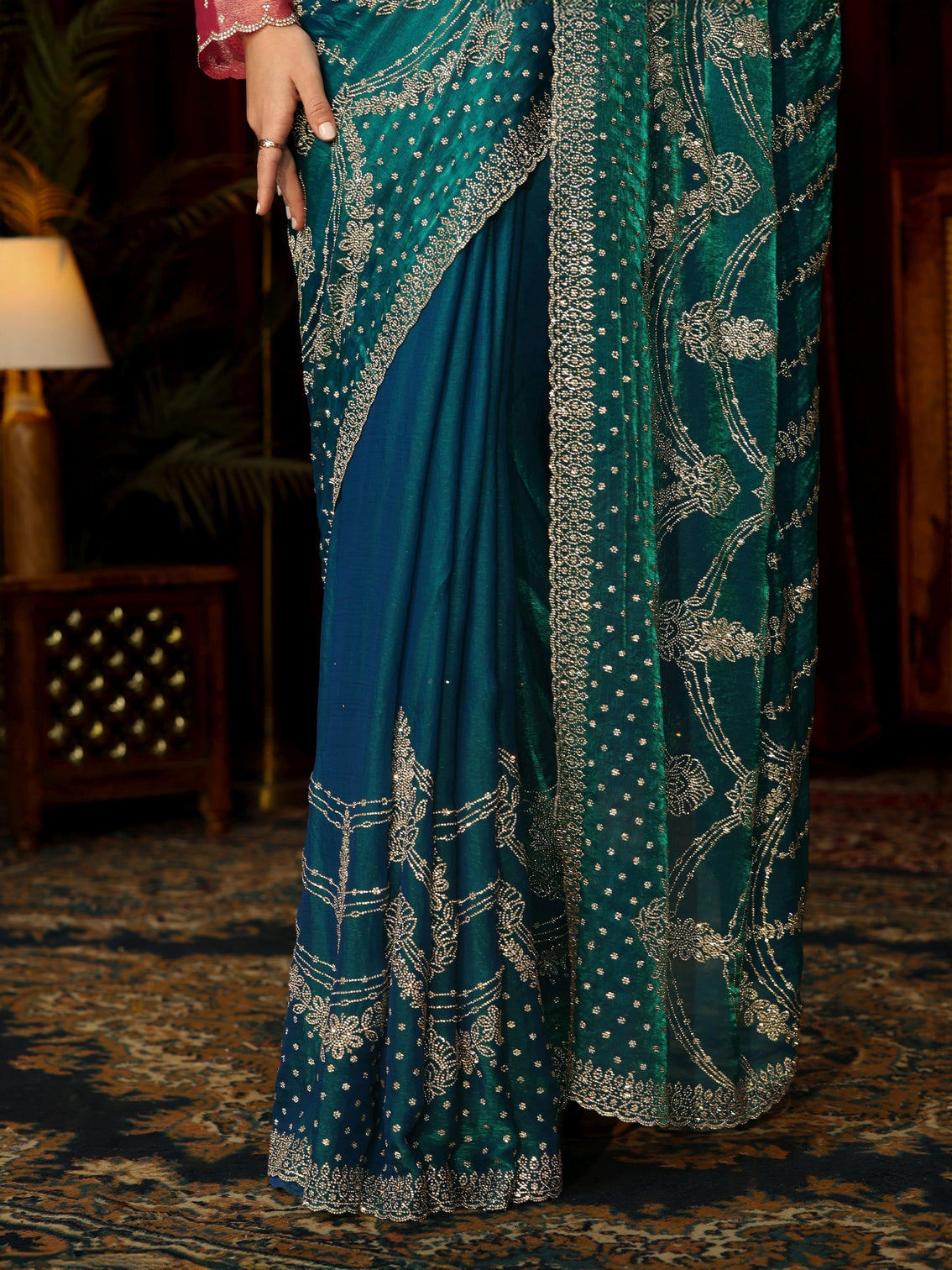 Mameraa Art Teal Blue Sequin Embellished Tissue Saree