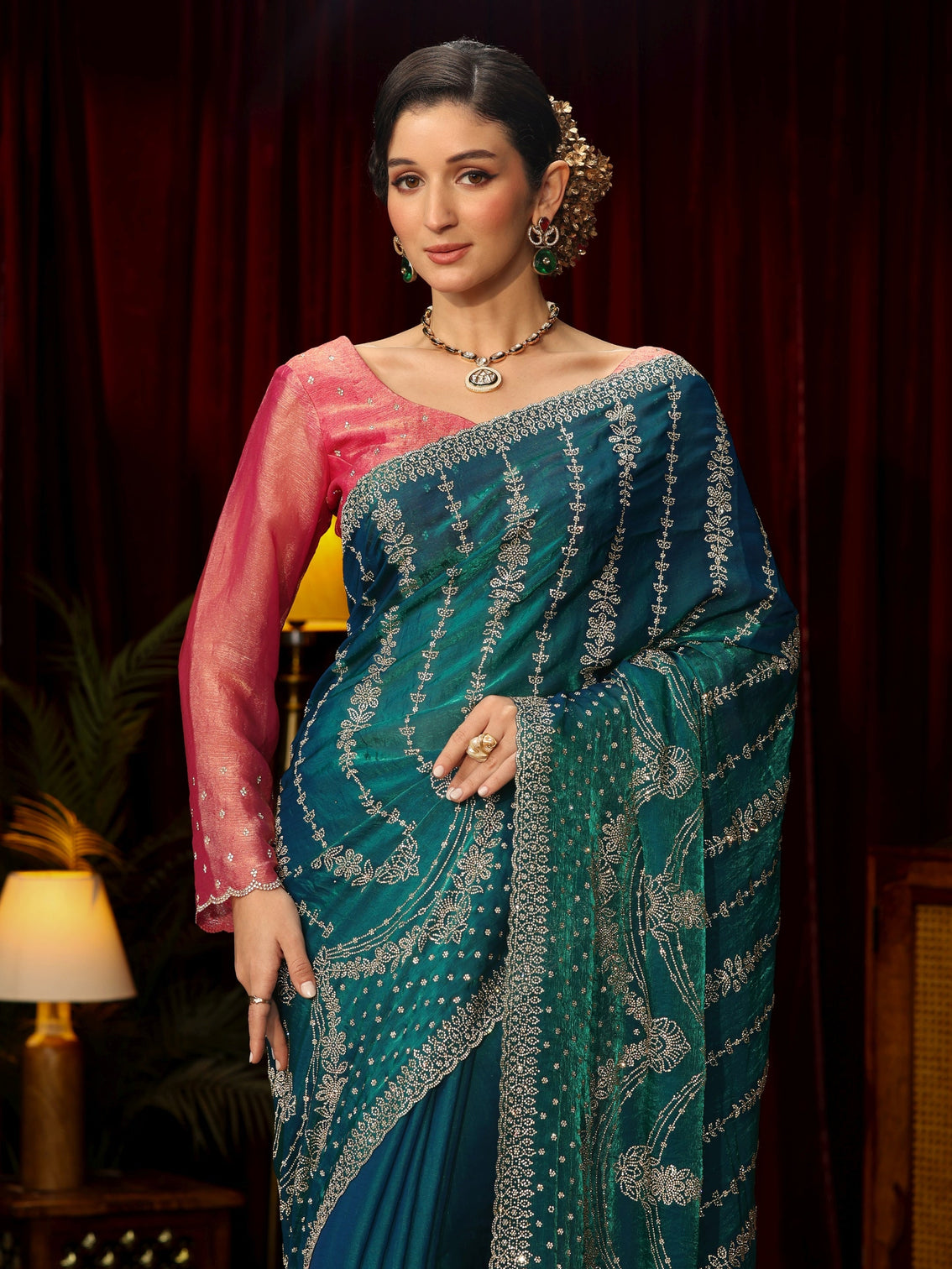 Mameraa Art Teal Blue Sequin Embellished Tissue Saree