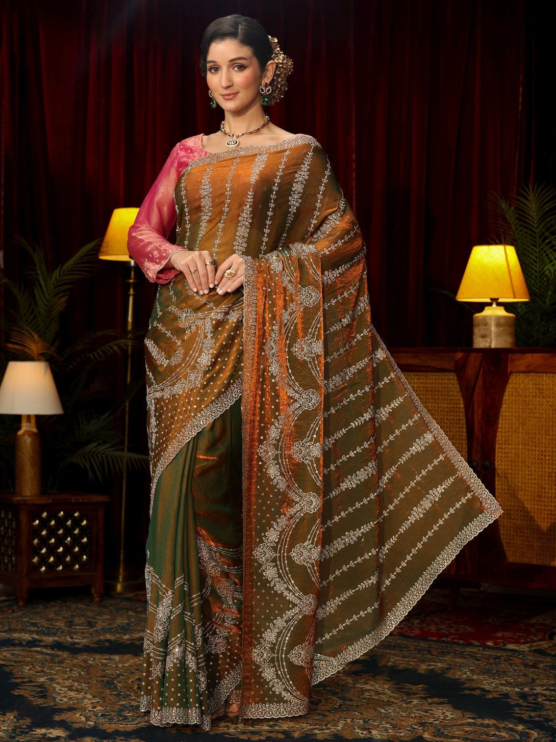 Mameraa Art Olive Sequin Embellished Tissue Saree
