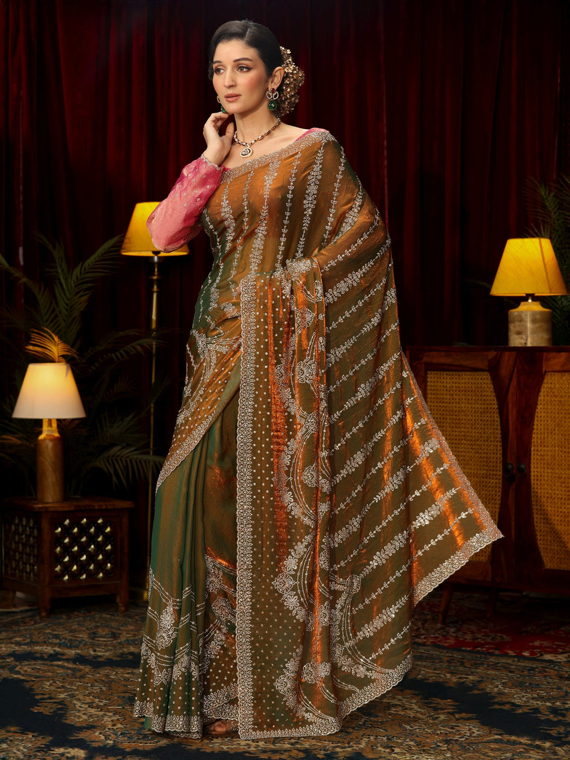Mameraa Art Olive Sequin Embellished Tissue Saree