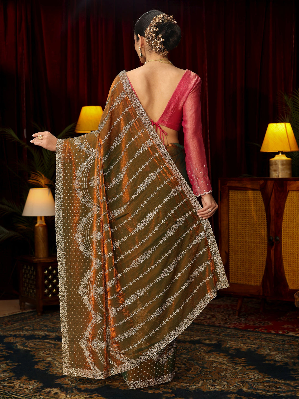 Mameraa Art Olive Sequin Embellished Tissue Saree