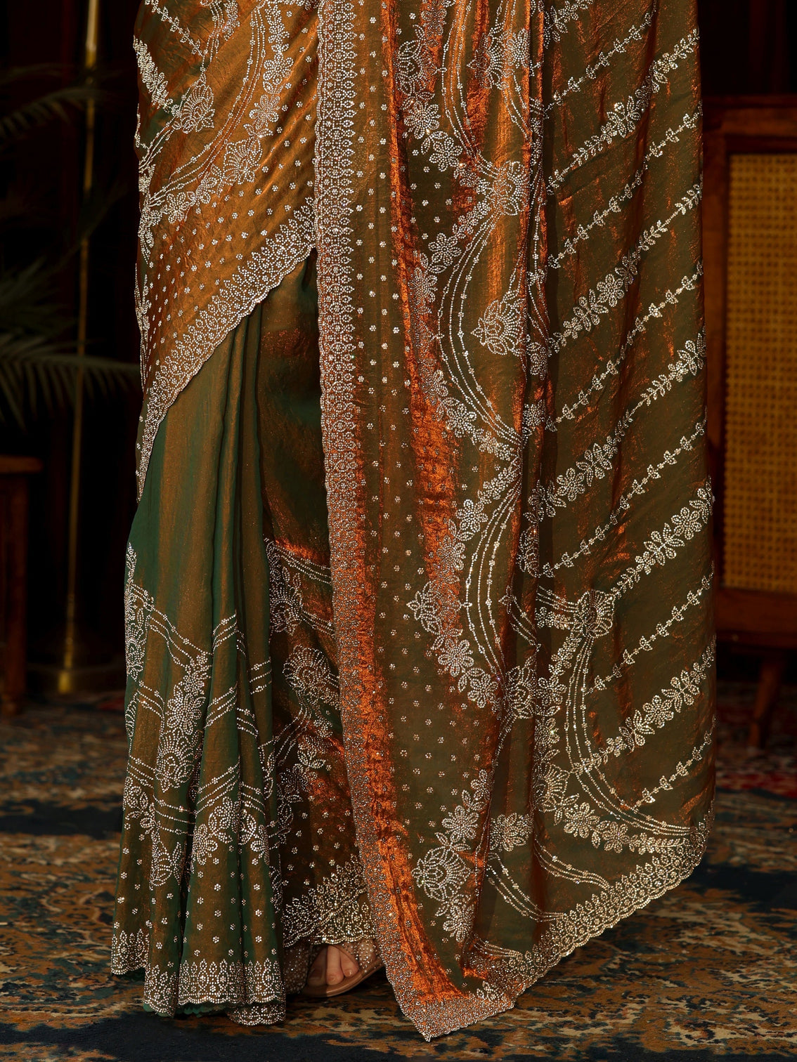Mameraa Art Olive Sequin Embellished Tissue Saree