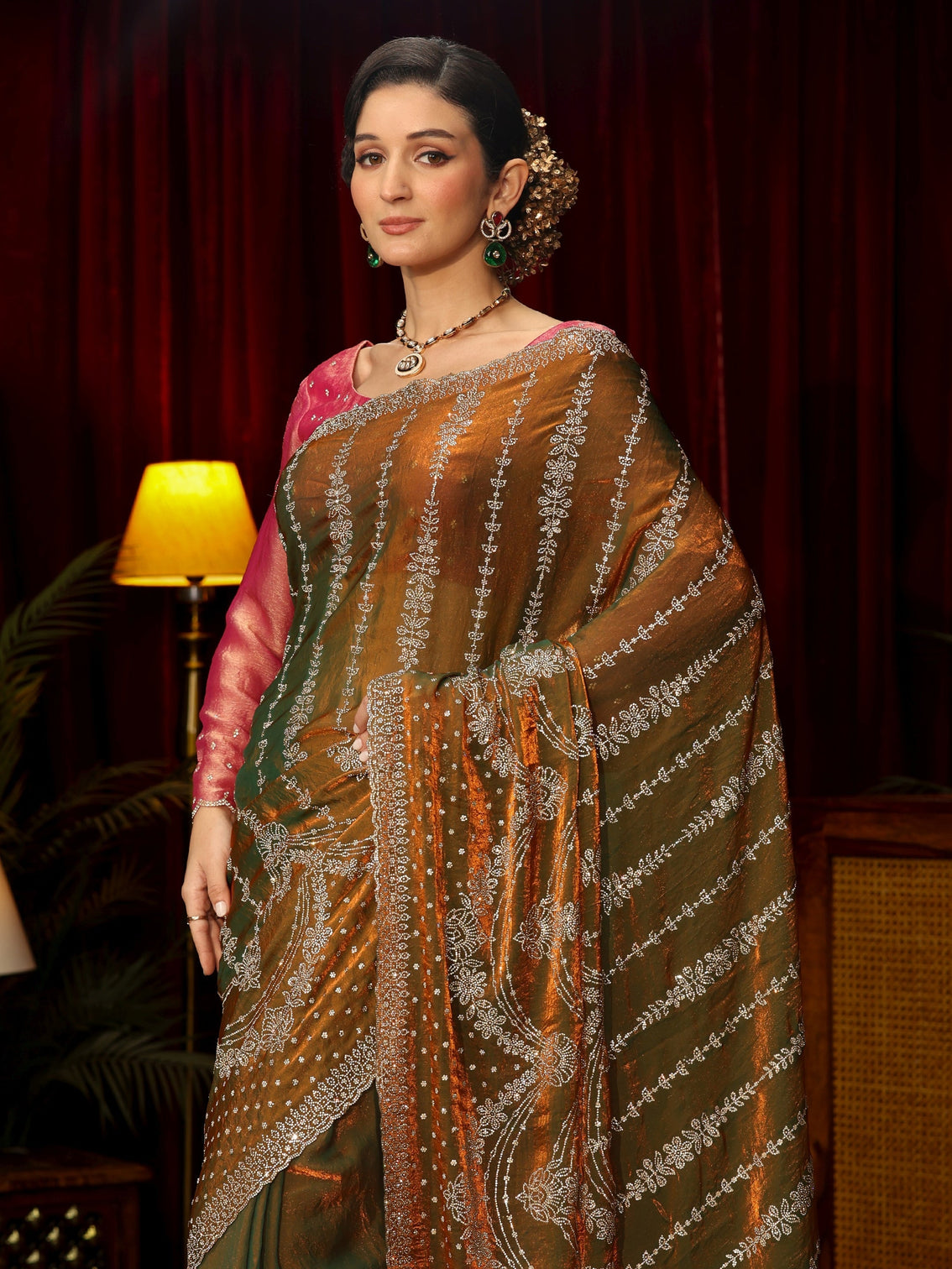 Mameraa Art Olive Sequin Embellished Tissue Saree