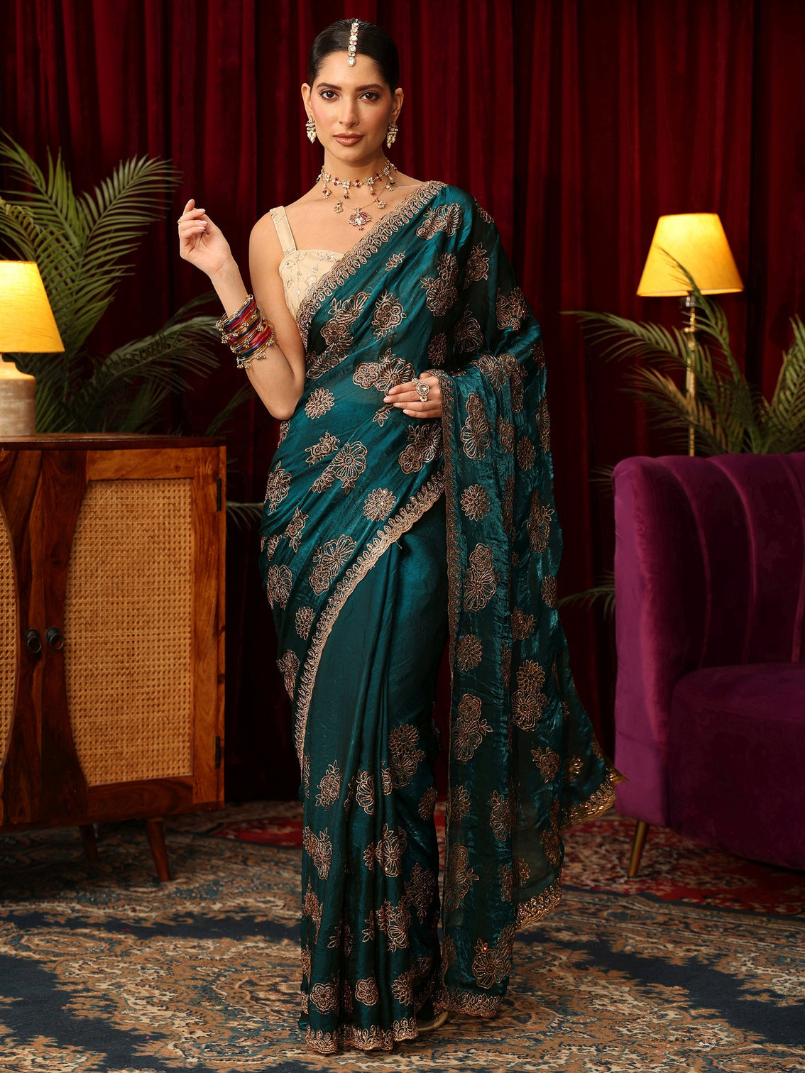 Mameraa Art Teal Green Floral Embellished Tissue Saree