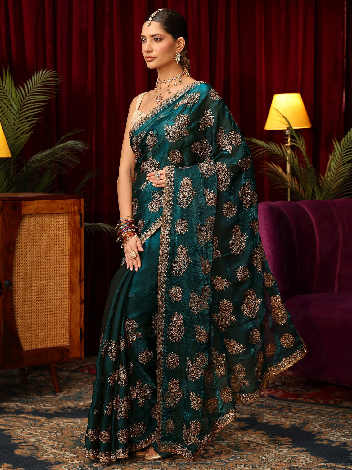Mameraa Art Teal Green Floral Embellished Tissue Saree