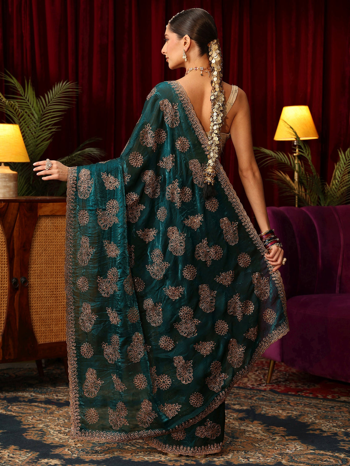 Mameraa Art Teal Green Floral Embellished Tissue Saree