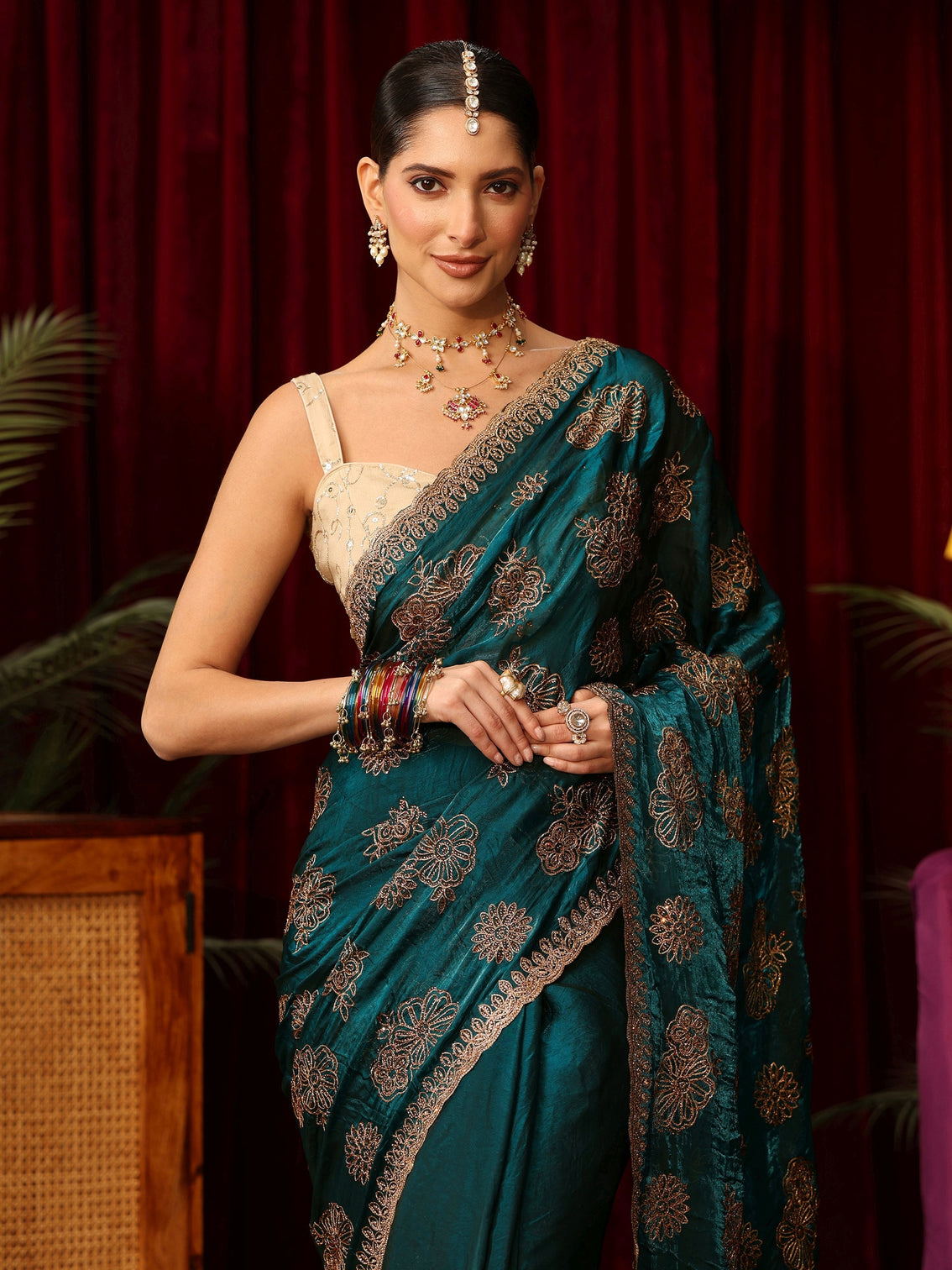 Mameraa Art Teal Green Floral Embellished Tissue Saree