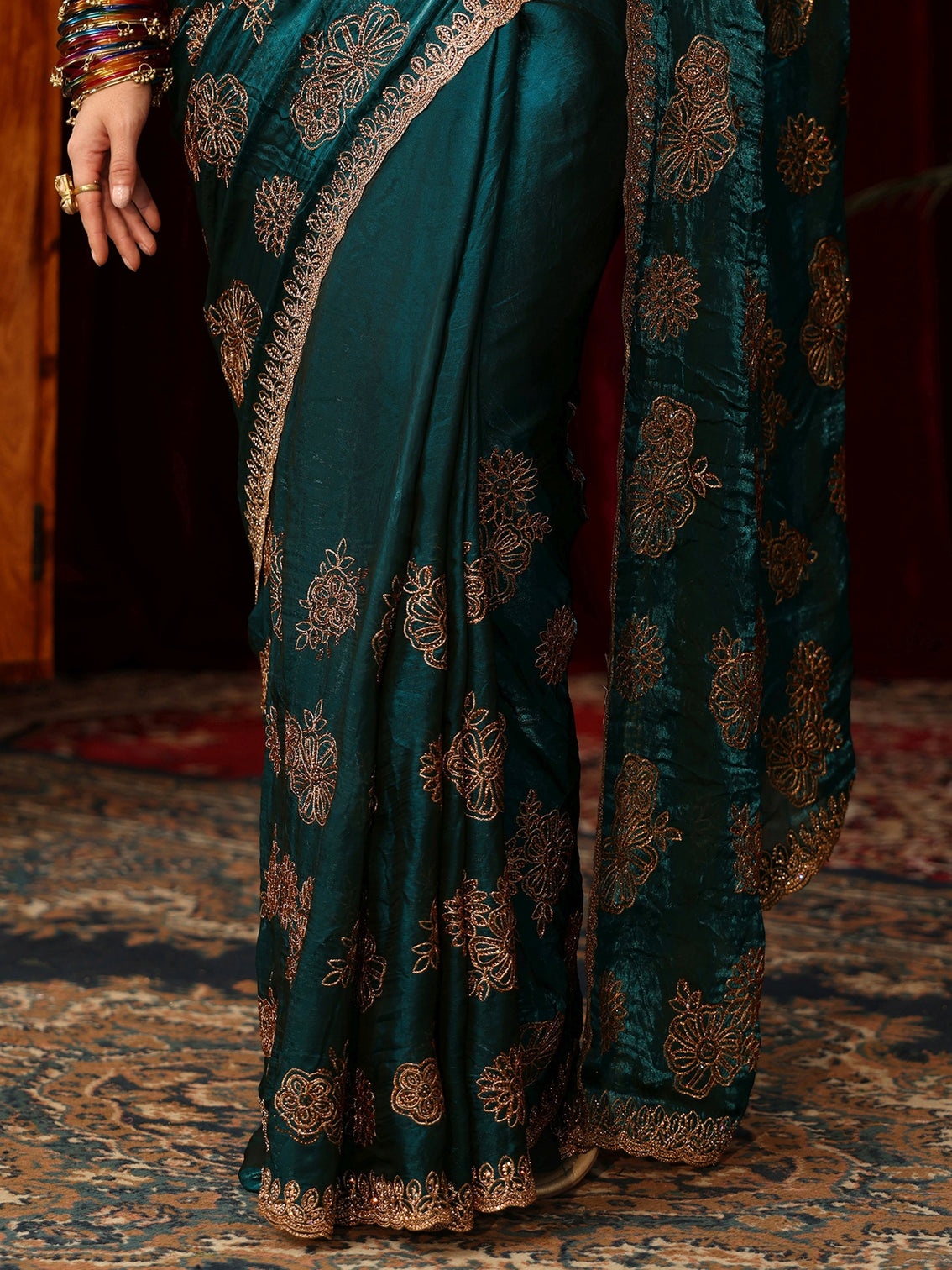 Mameraa Art Teal Green Floral Embellished Tissue Saree