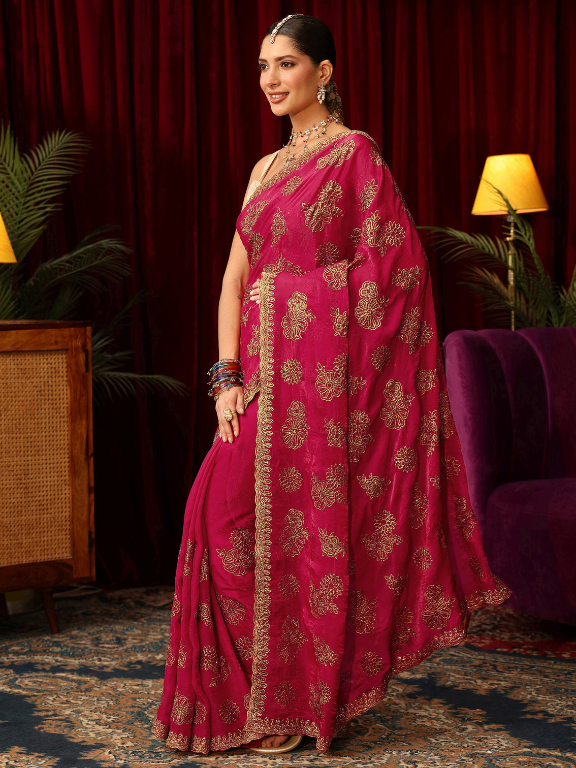 Mameraa Art Rose Pink Floral Embellished Tissue Saree