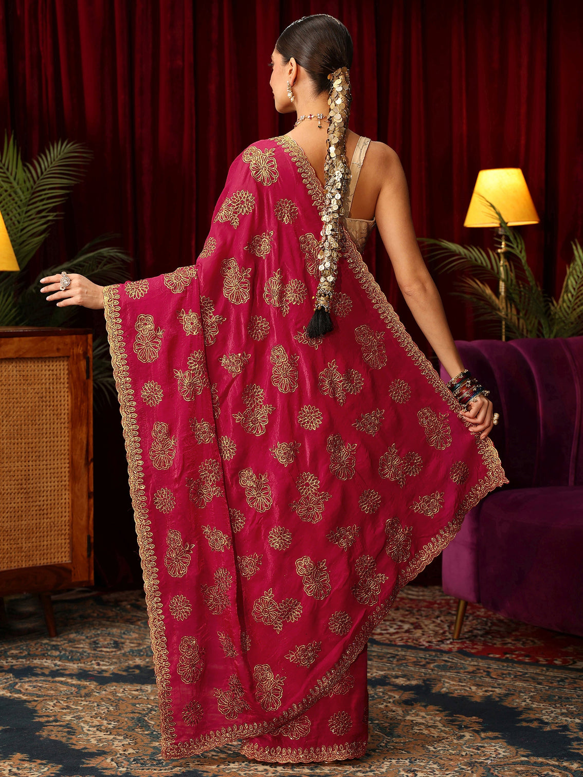 Mameraa Art Rose Pink Floral Embellished Tissue Saree