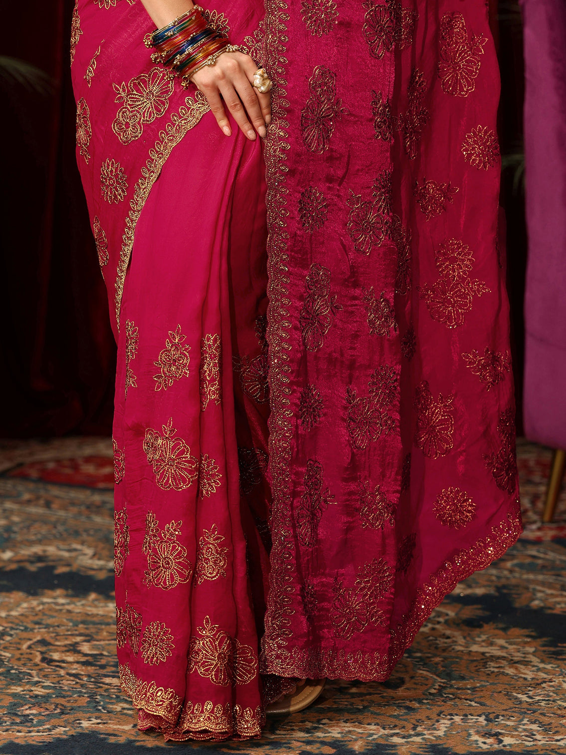 Mameraa Art Rose Pink Floral Embellished Tissue Saree