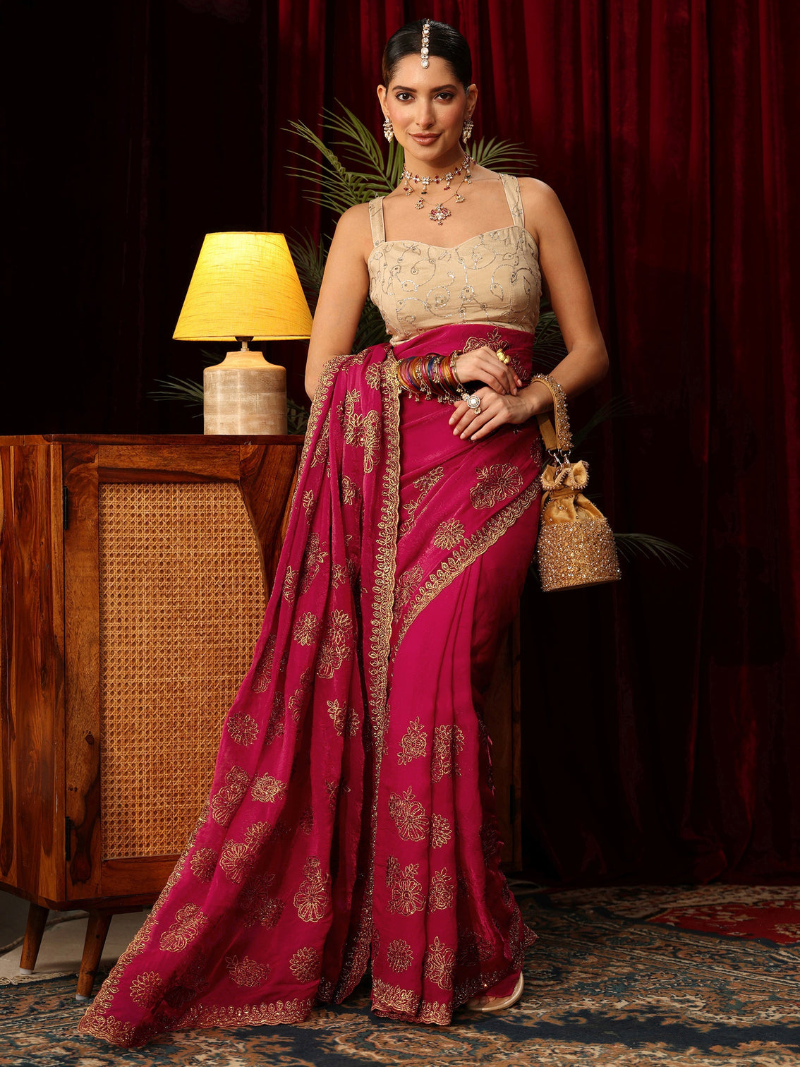 Mameraa Art Rose Pink Floral Embellished Tissue Saree