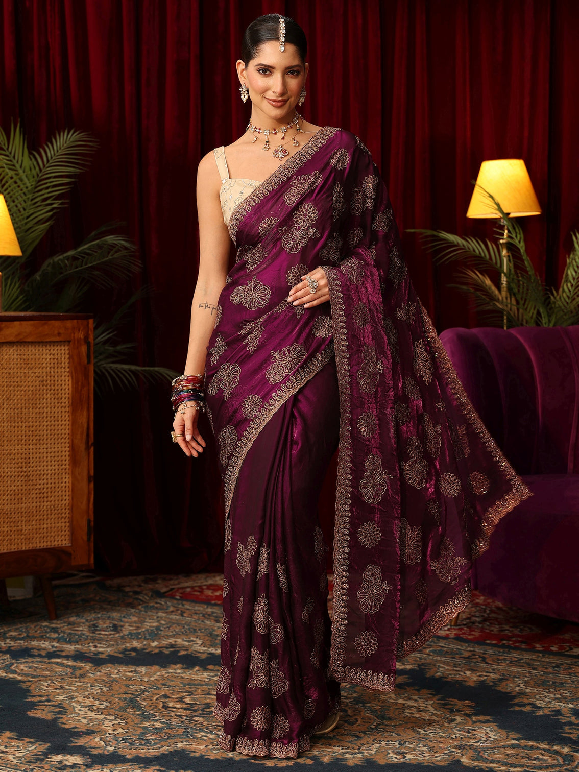 Mameraa Art Burgundy Floral Embellished Tissue Saree
