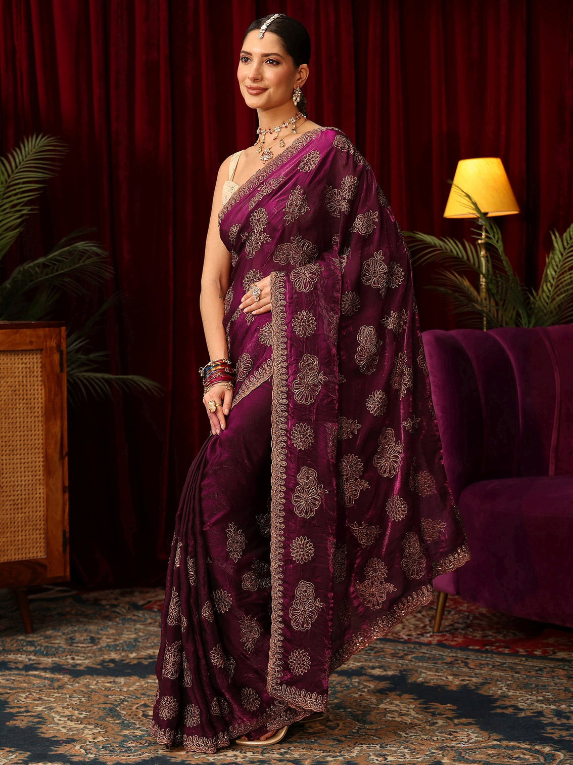 Mameraa Art Burgundy Floral Embellished Tissue Saree