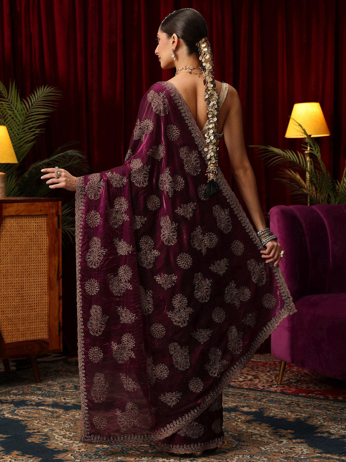 Mameraa Art Burgundy Floral Embellished Tissue Saree