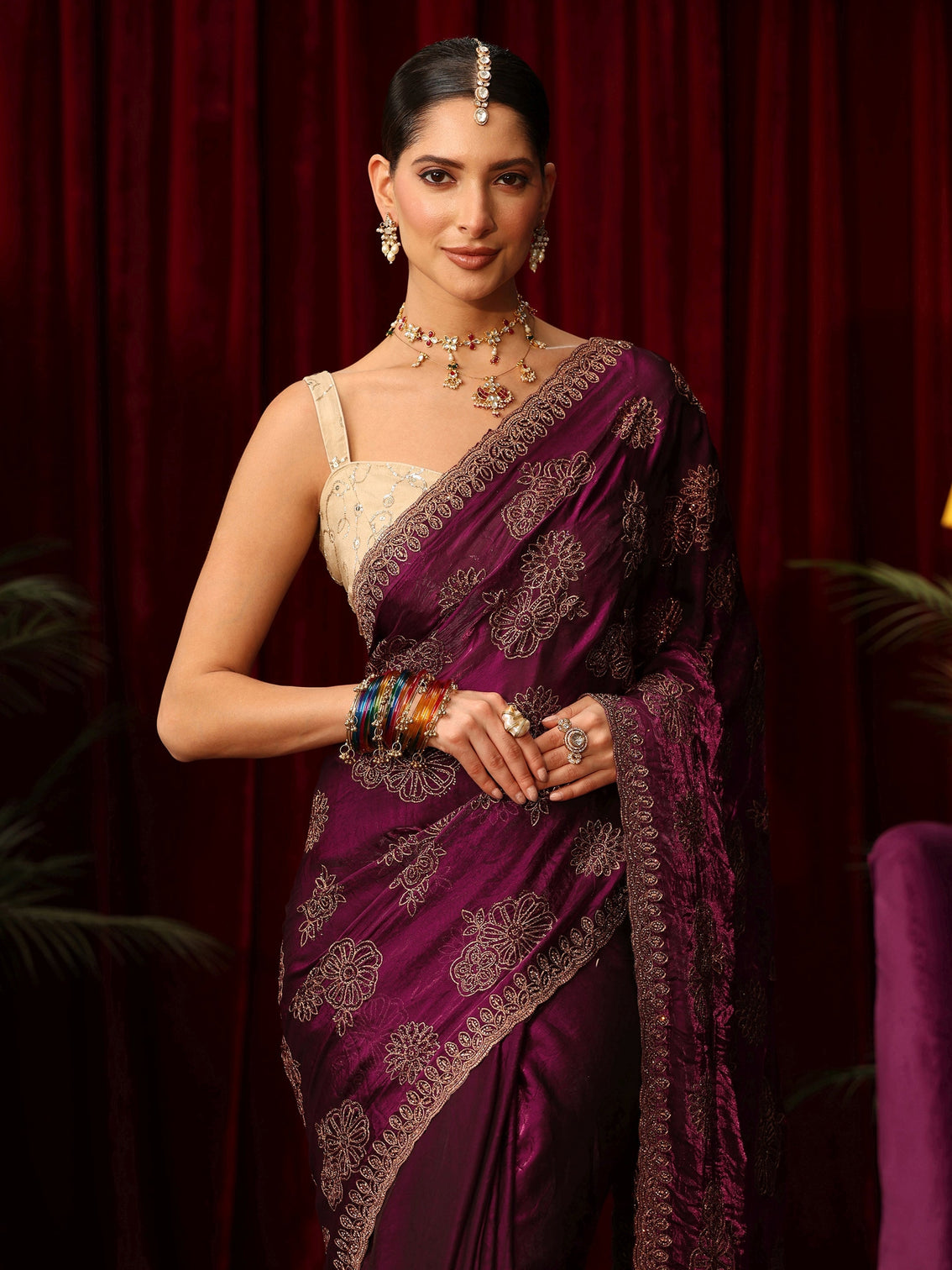 Mameraa Art Burgundy Floral Embellished Tissue Saree