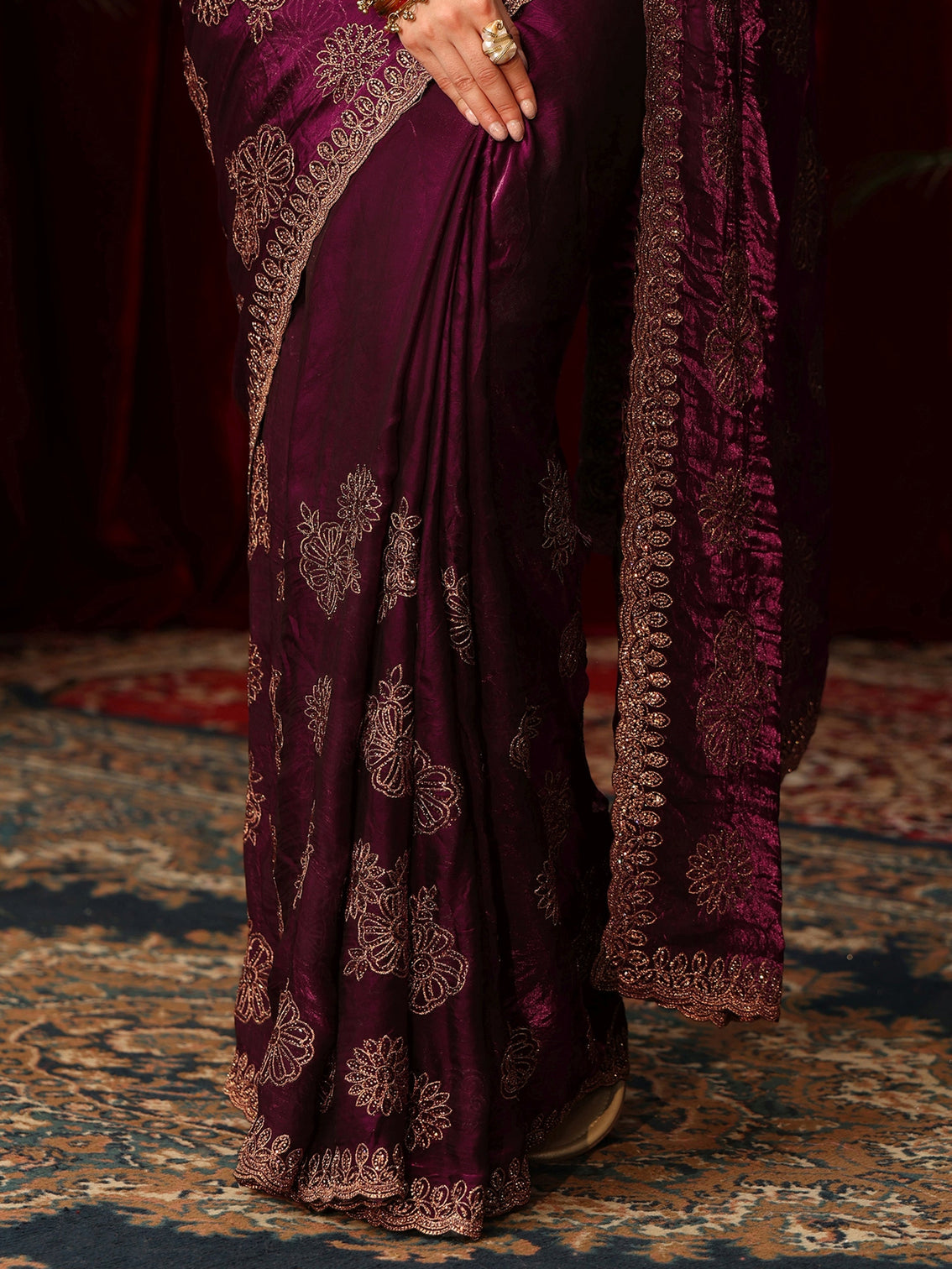 Mameraa Art Burgundy Floral Embellished Tissue Saree