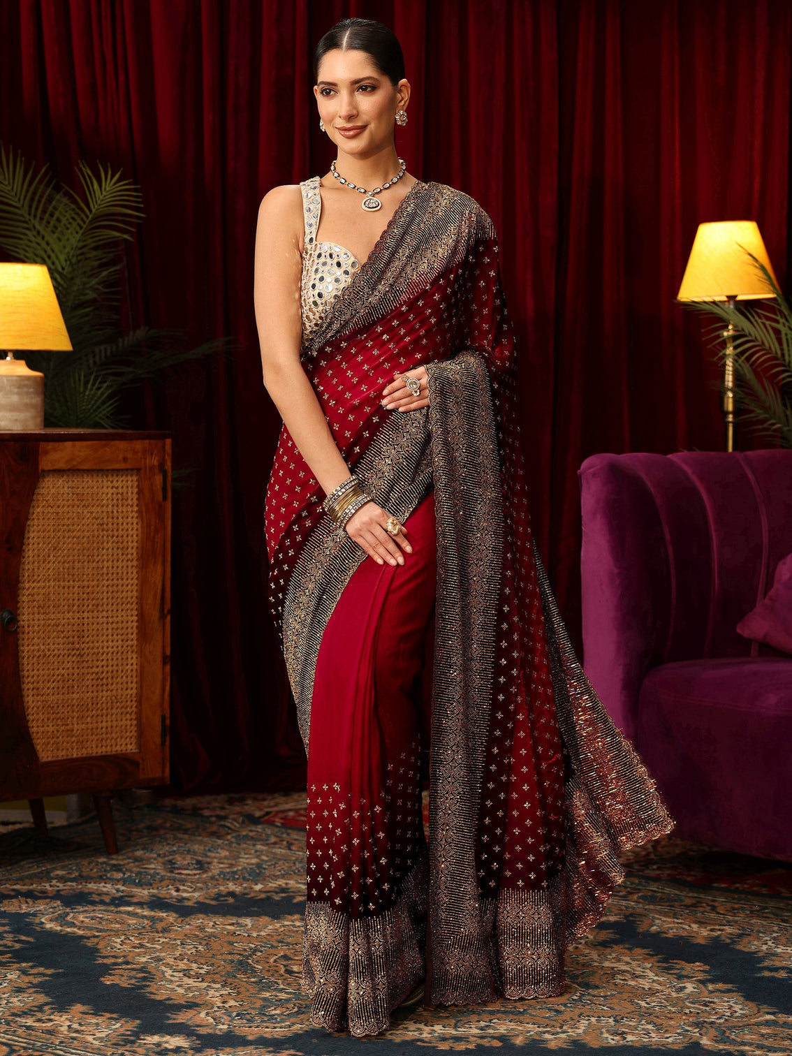 Mameraa Art Red Stone Work Embellished Tissue Saree