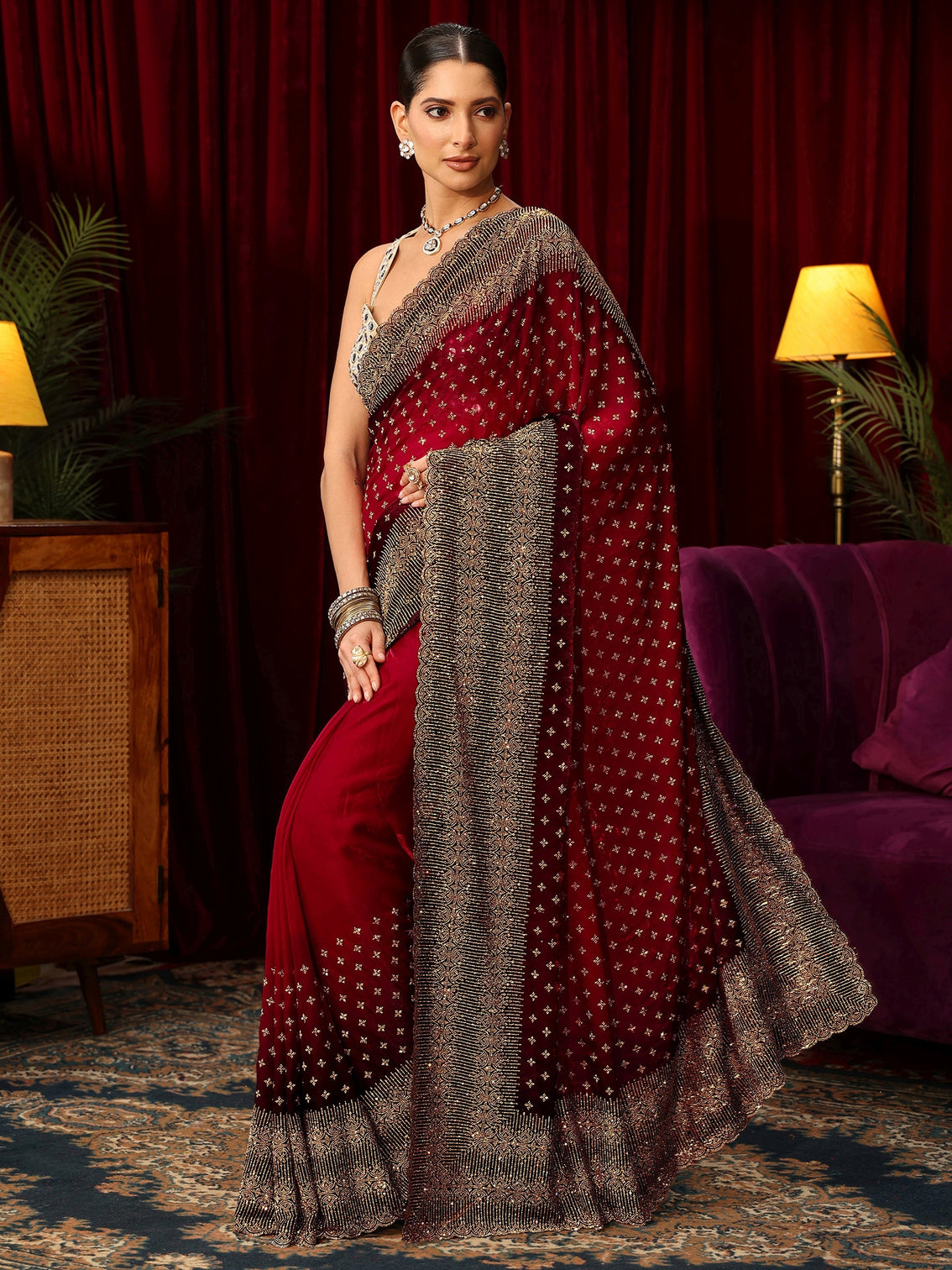 Mameraa Art Red Stone Work Embellished Tissue Saree