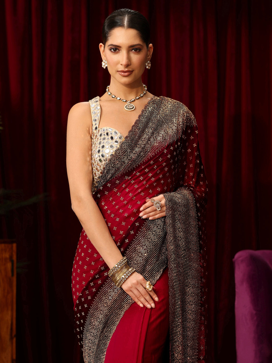 Mameraa Art Red Stone Work Embellished Tissue Saree