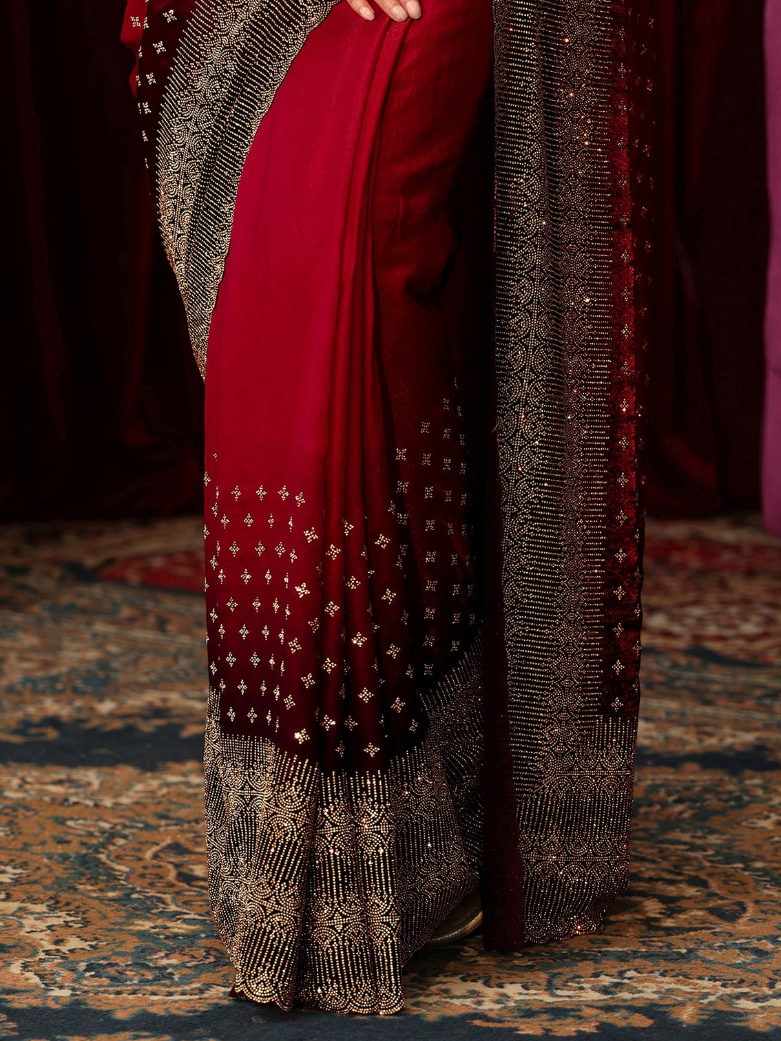 Mameraa Art Red Stone Work Embellished Tissue Saree
