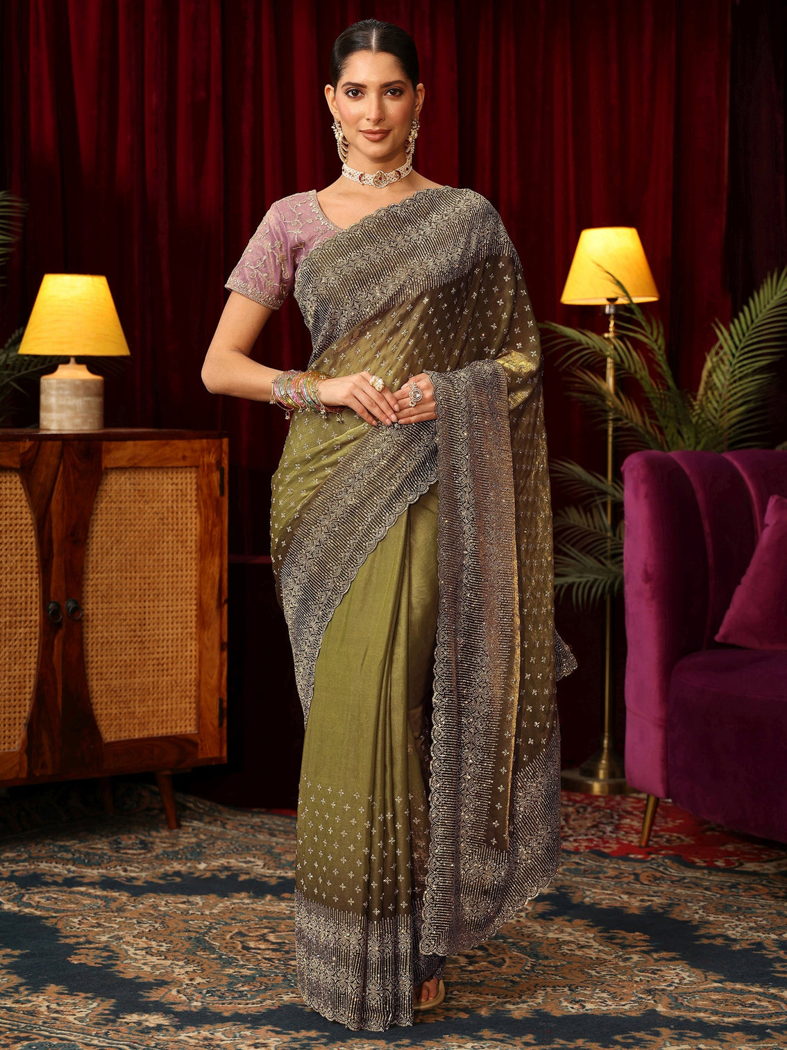 Mameraa Art Henna Green Stone Work Embellished Tissue Saree