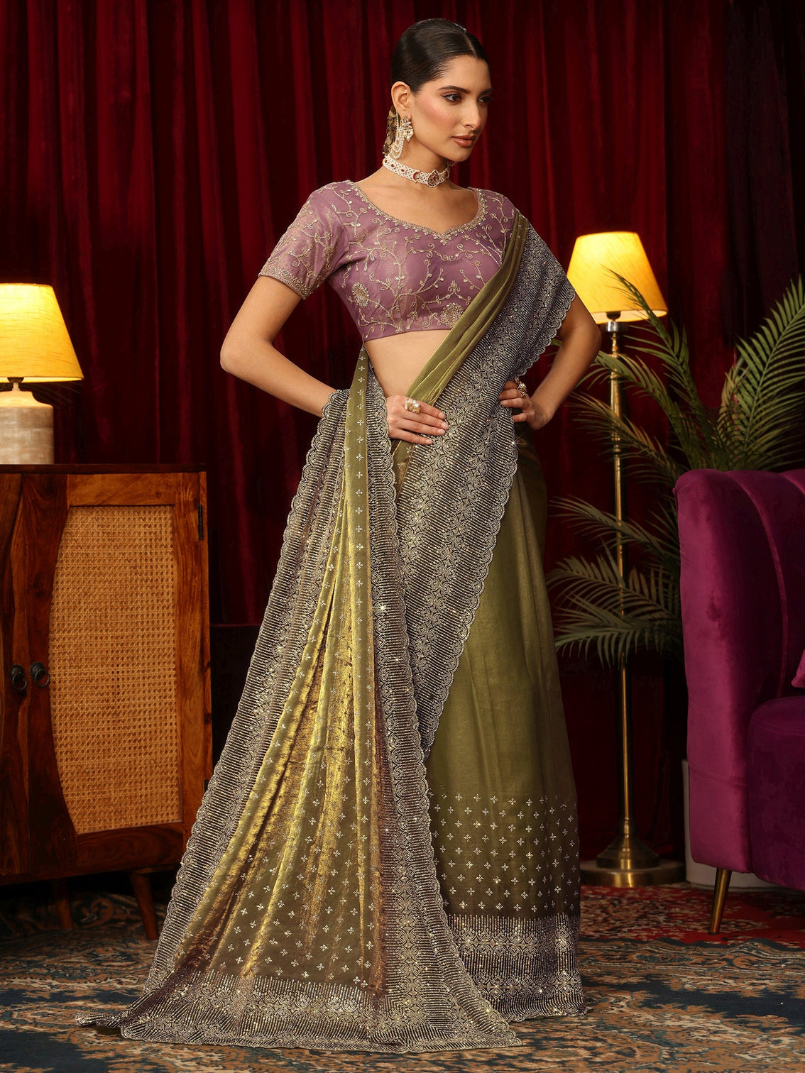 Mameraa Art Henna Green Stone Work Embellished Tissue Saree