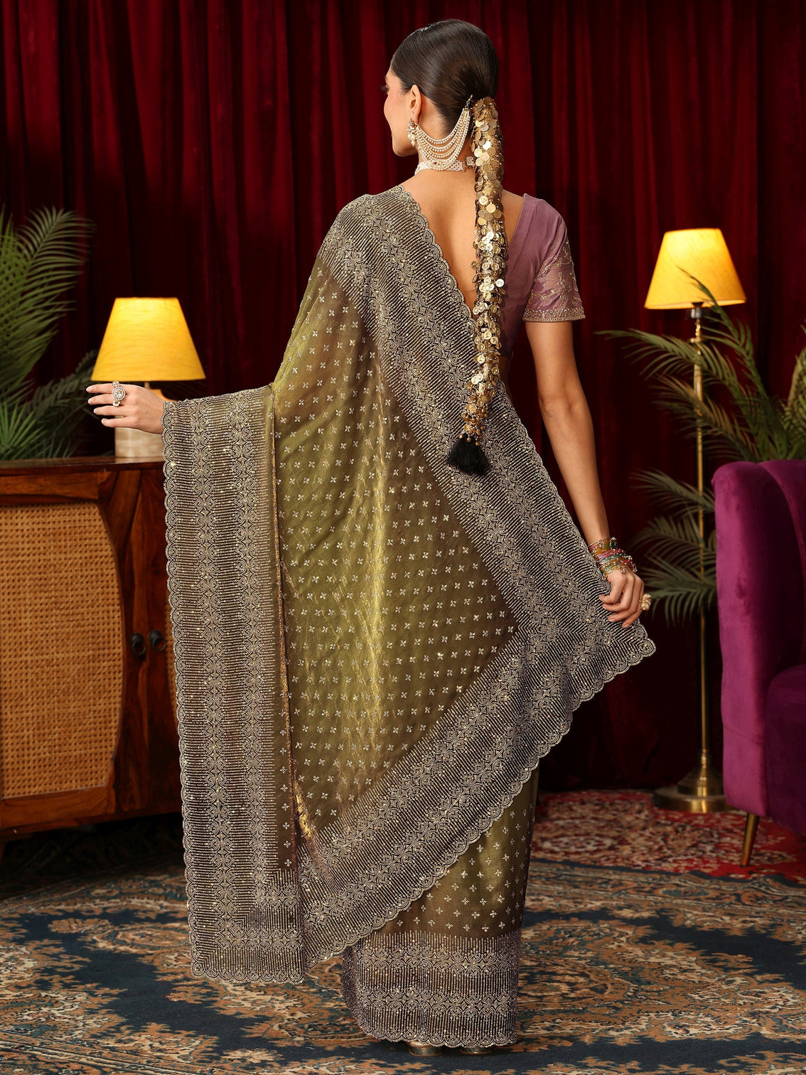 Mameraa Art Henna Green Stone Work Embellished Tissue Saree