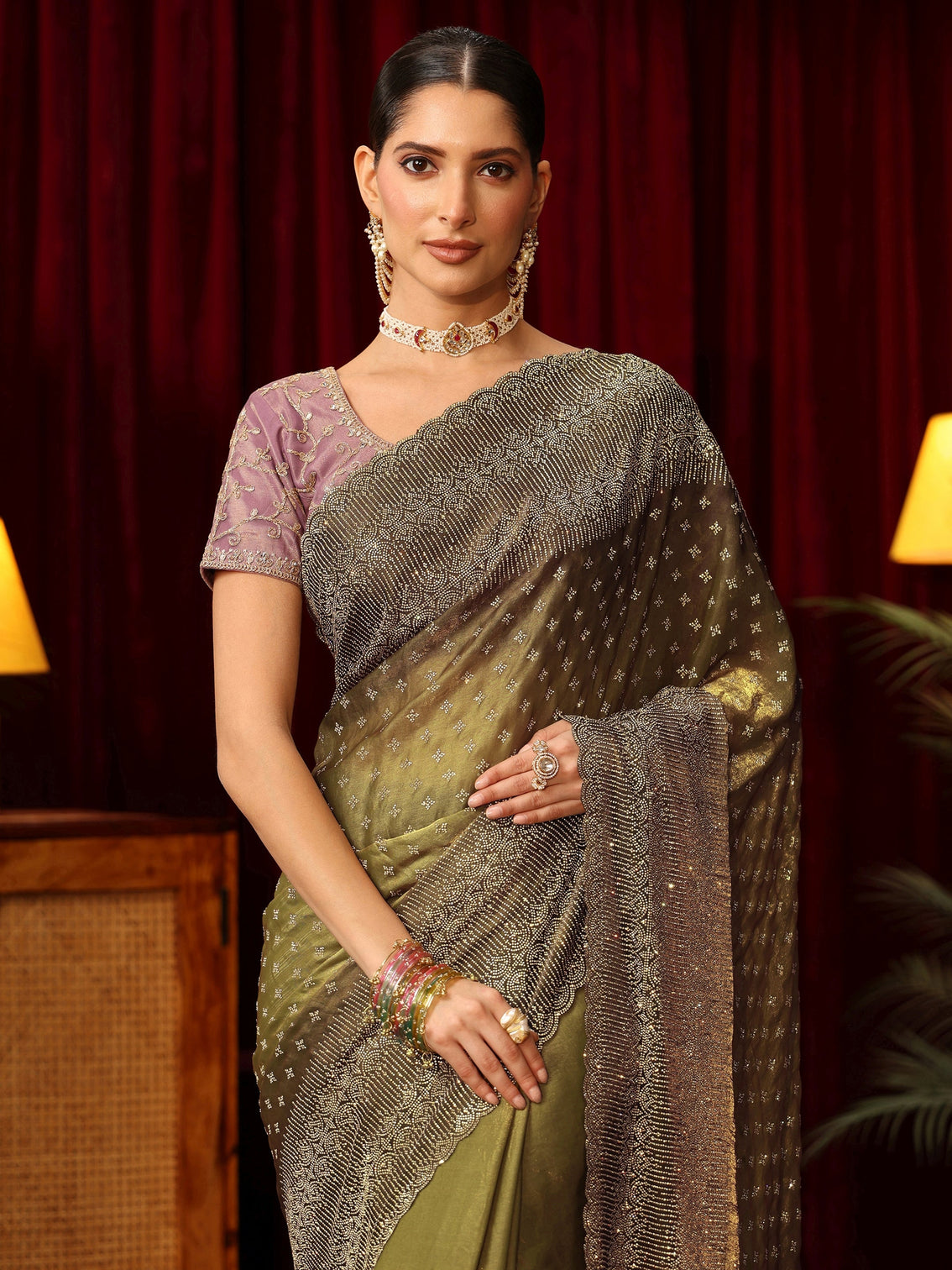 Mameraa Art Henna Green Stone Work Embellished Tissue Saree