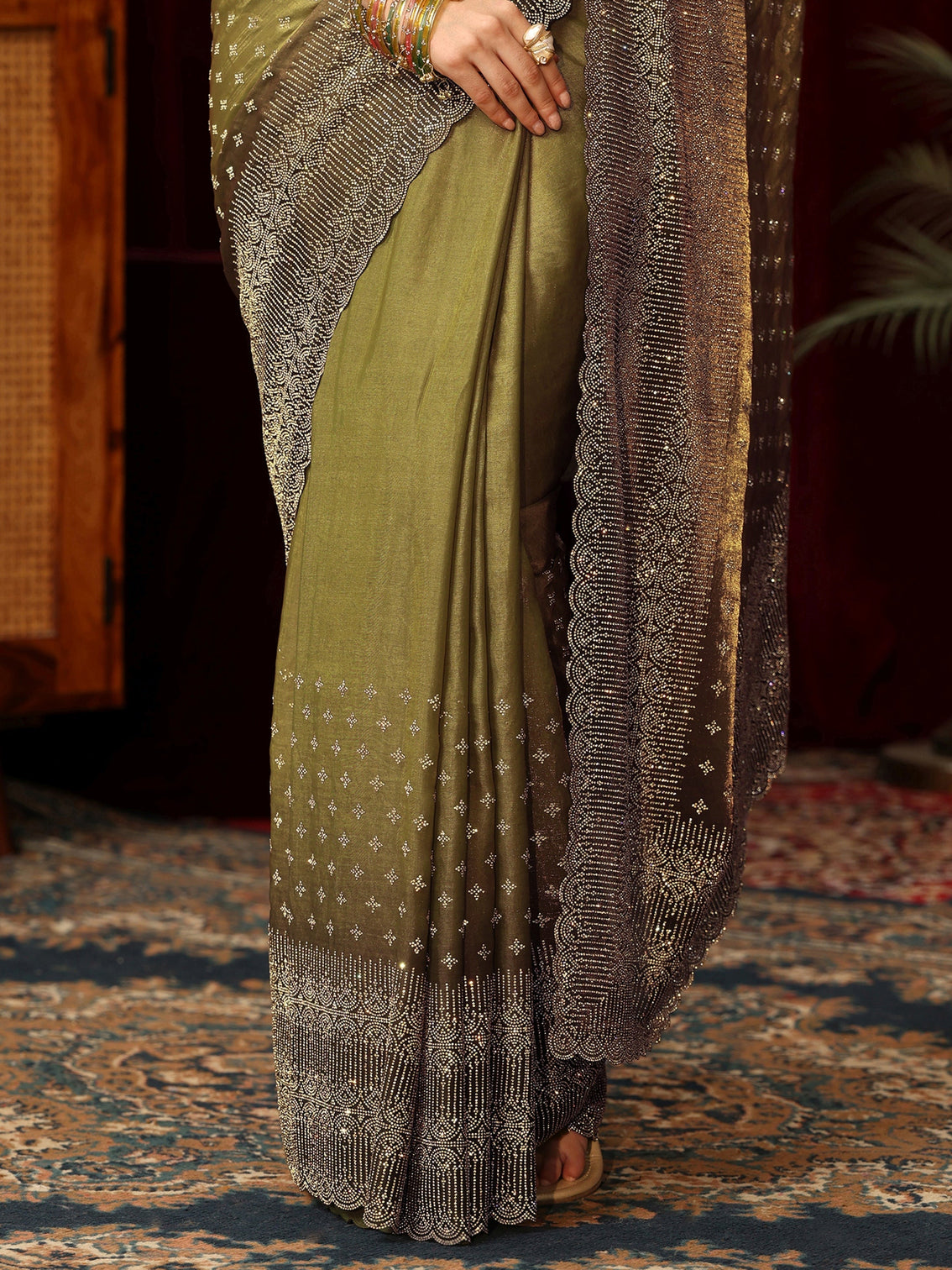 Mameraa Art Henna Green Stone Work Embellished Tissue Saree