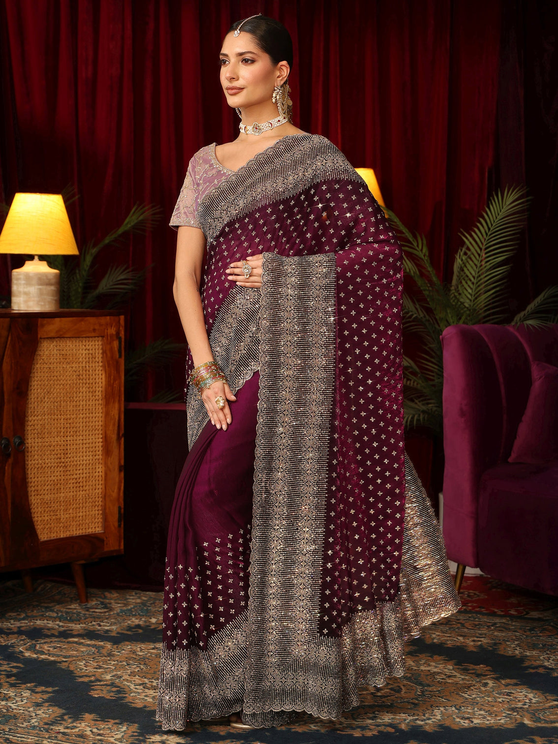 Mameraa Art Wine Stone Work Embellished Tissue Saree