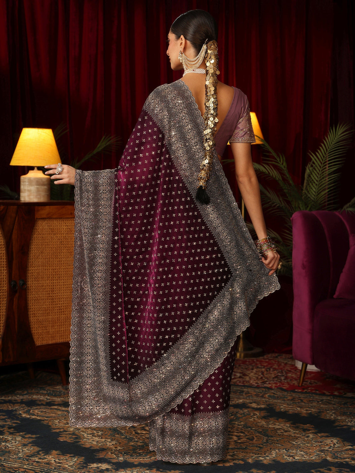 Mameraa Art Wine Stone Work Embellished Tissue Saree