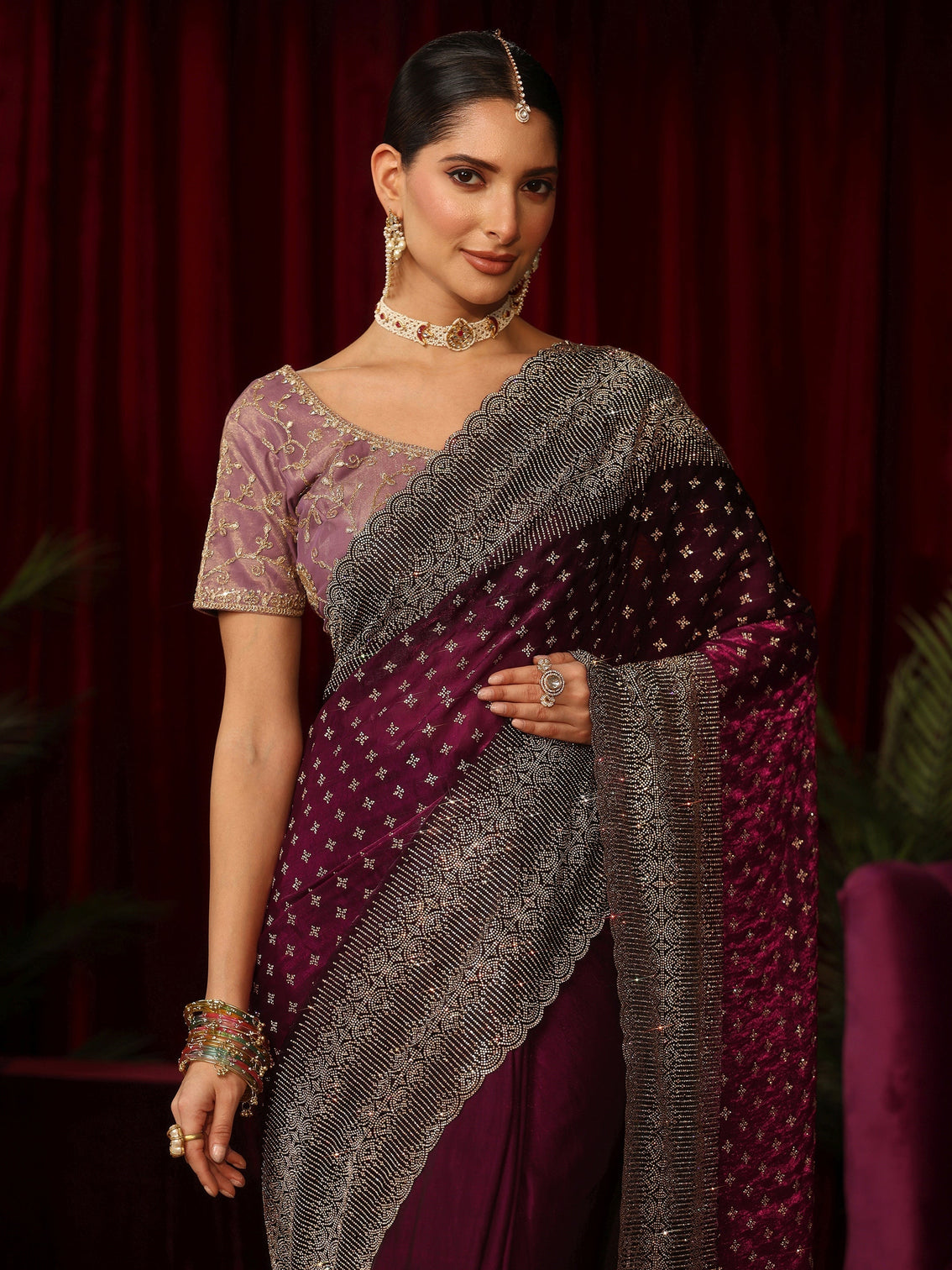 Mameraa Art Wine Stone Work Embellished Tissue Saree