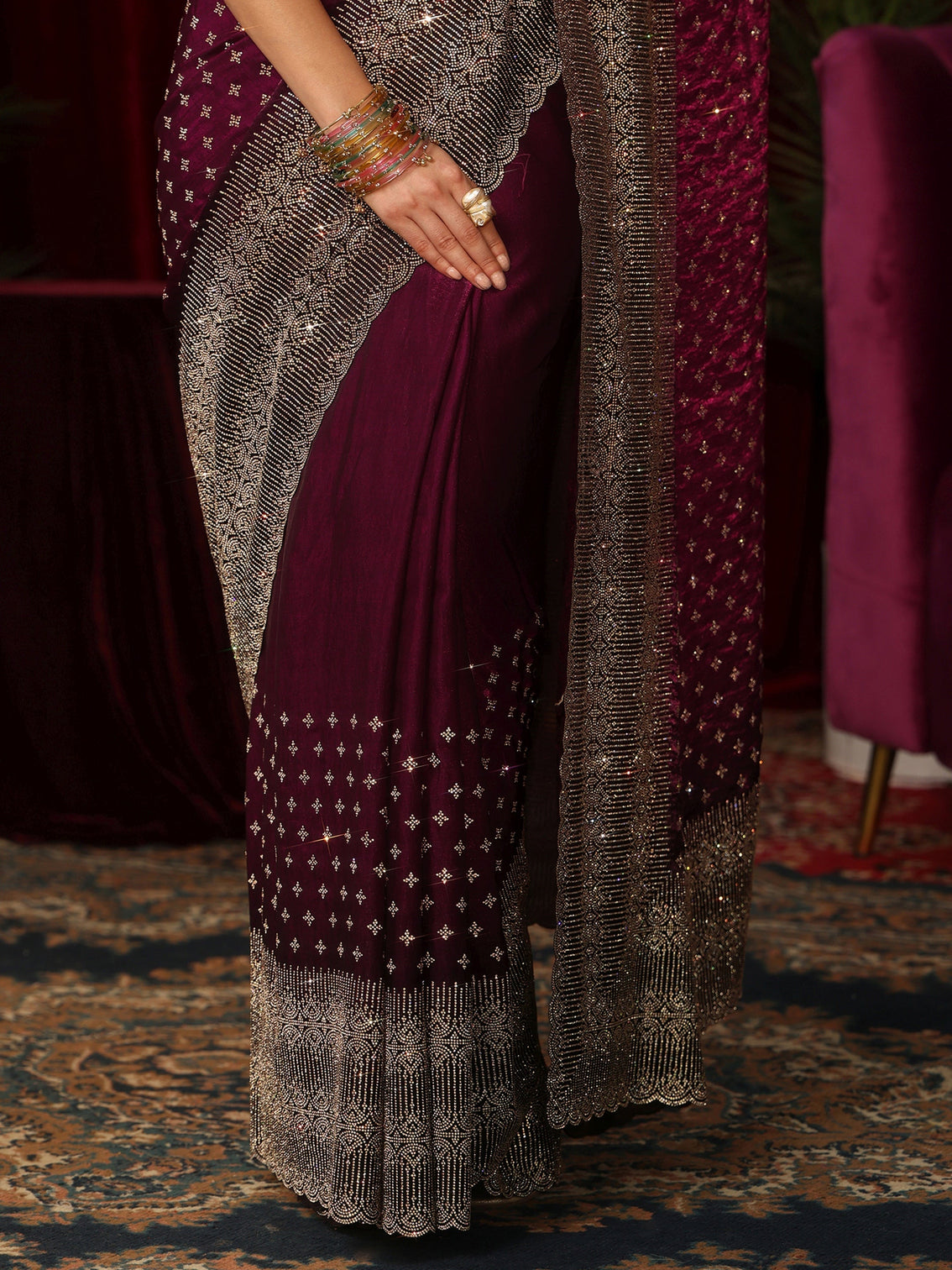 Mameraa Art Wine Stone Work Embellished Tissue Saree