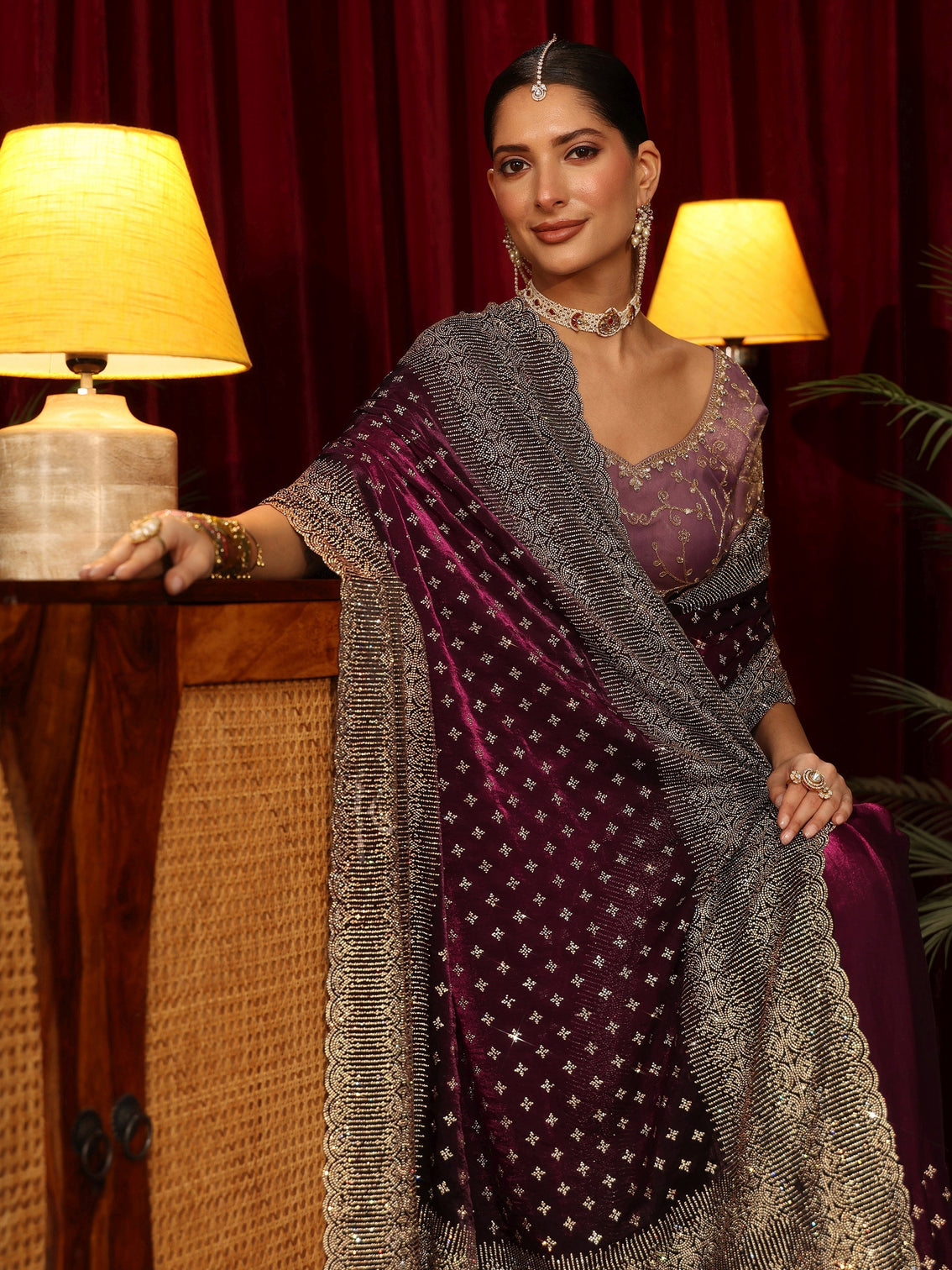 Mameraa Art Wine Stone Work Embellished Tissue Saree