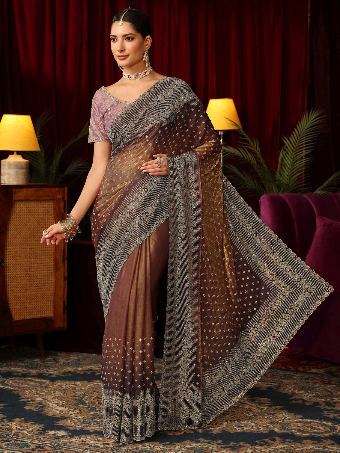 Mameraa Art Brown Stone Work Embellished Tissue Saree