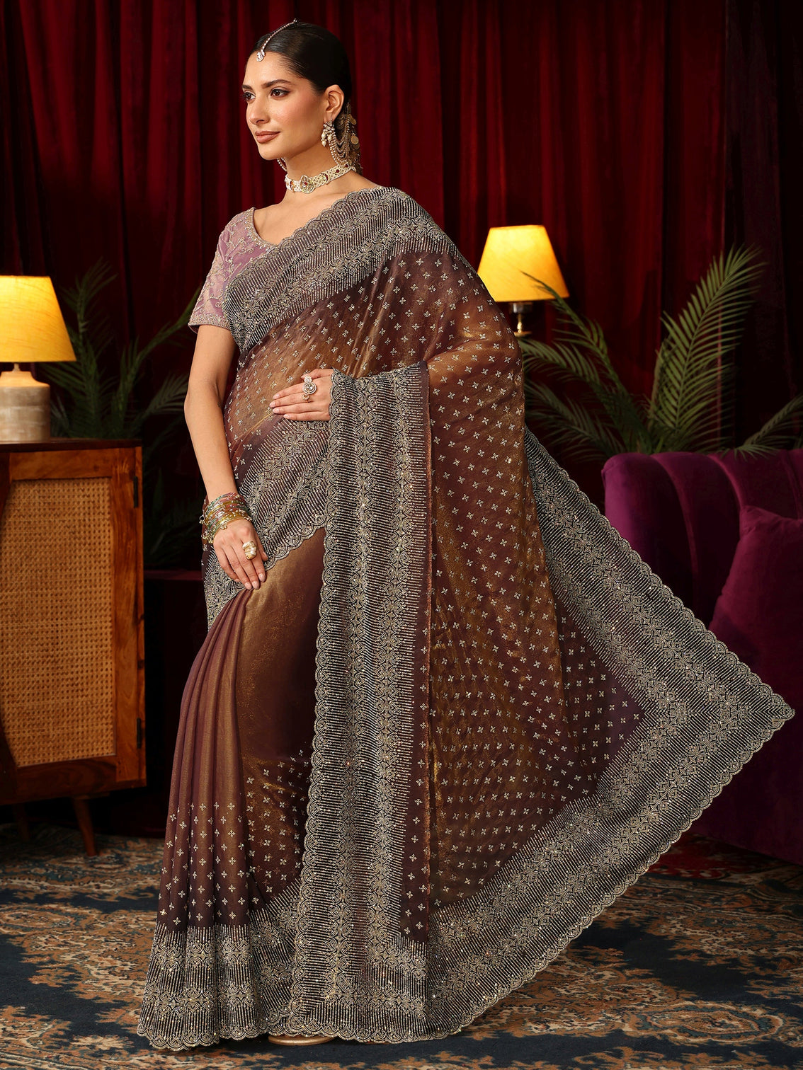 Mameraa Art Brown Stone Work Embellished Tissue Saree