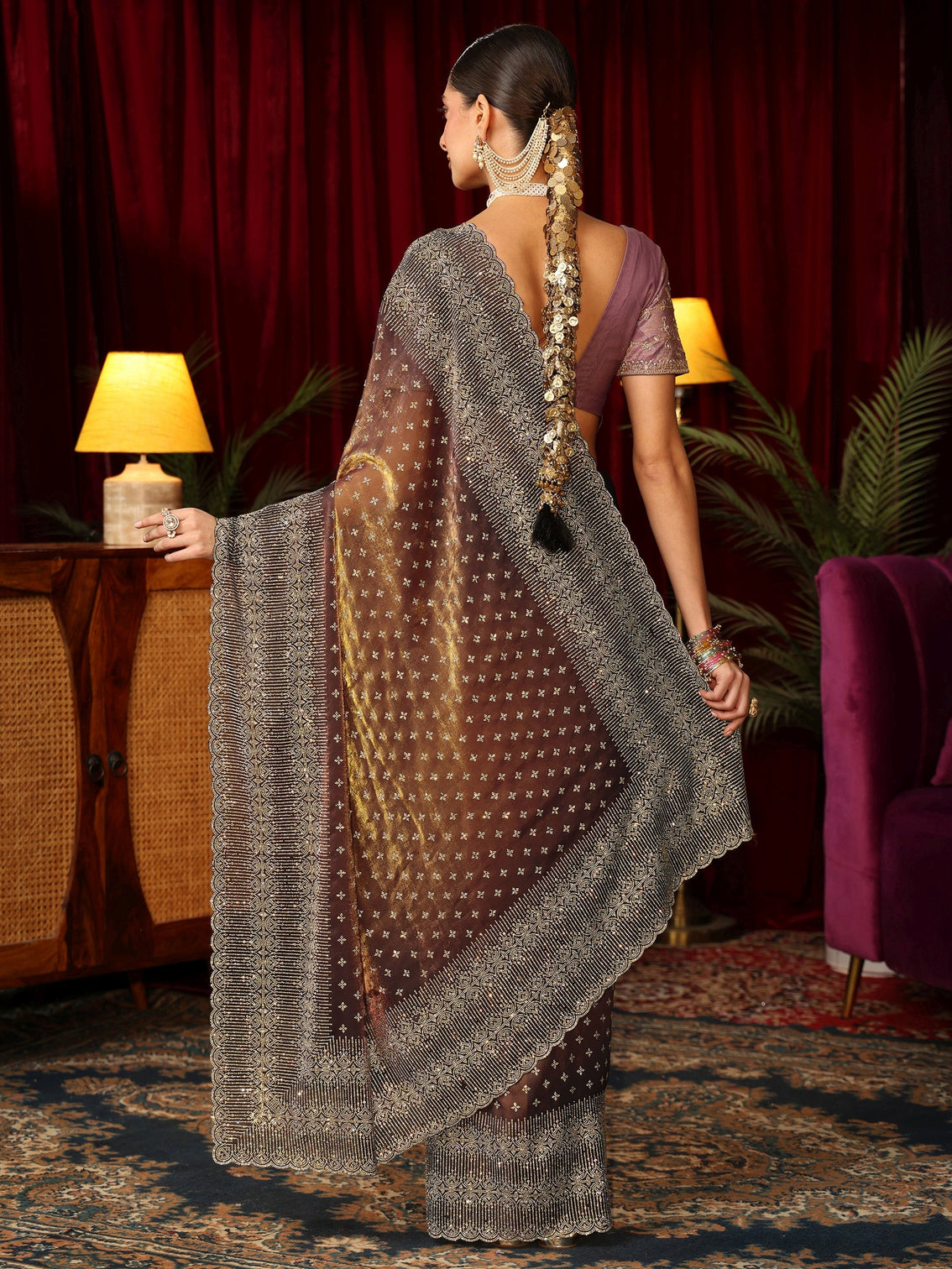 Mameraa Art Brown Stone Work Embellished Tissue Saree