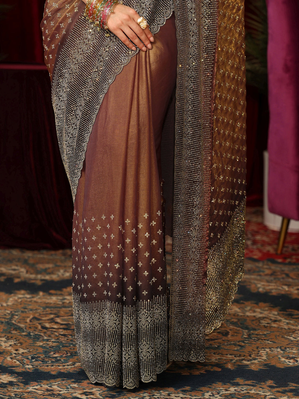 Mameraa Art Brown Stone Work Embellished Tissue Saree