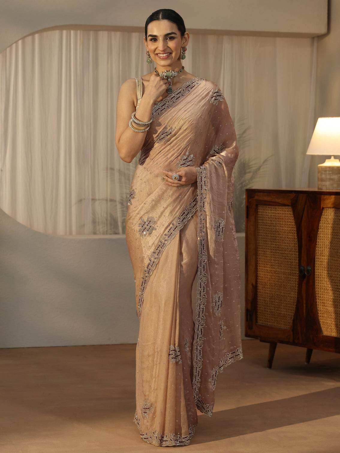 Mameraa Art Beige Embellished Tissue Saree