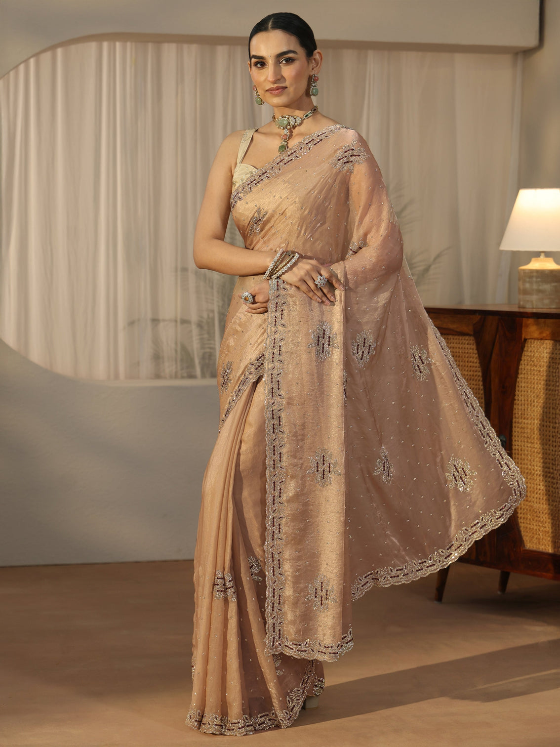 Mameraa Art Beige Embellished Tissue Saree