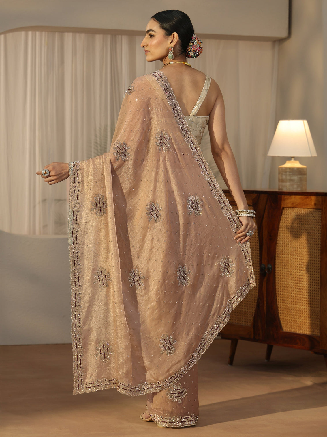 Mameraa Art Beige Embellished Tissue Saree