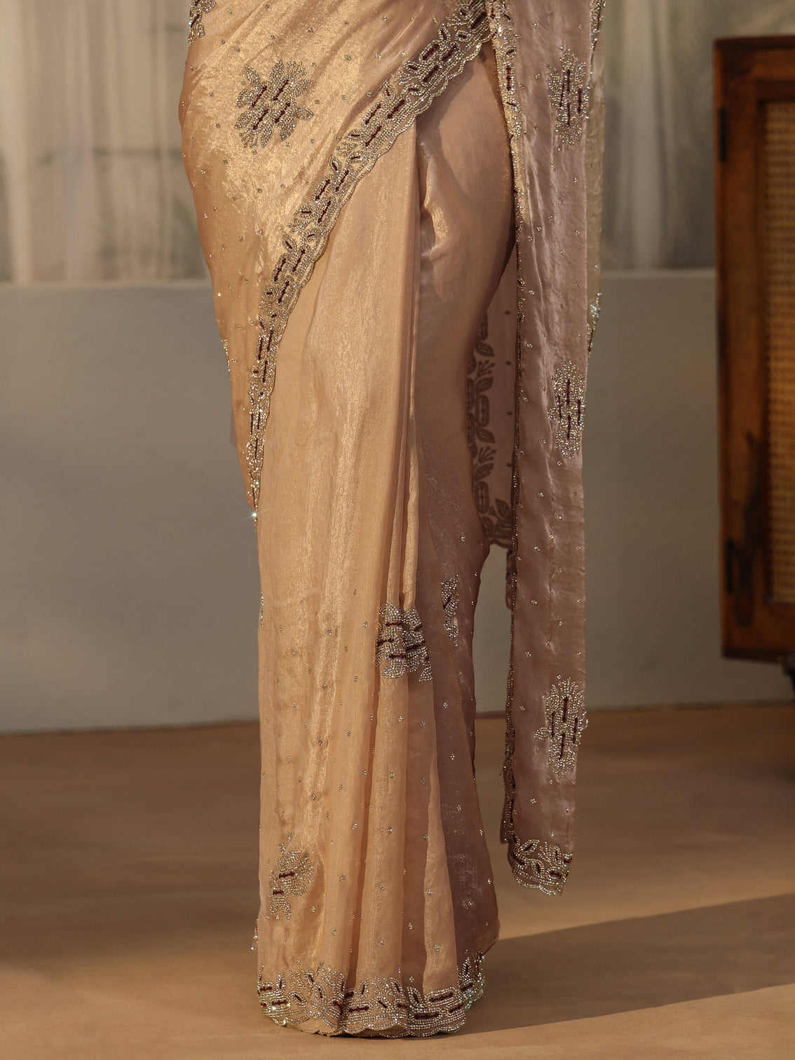 Mameraa Art Beige Embellished Tissue Saree