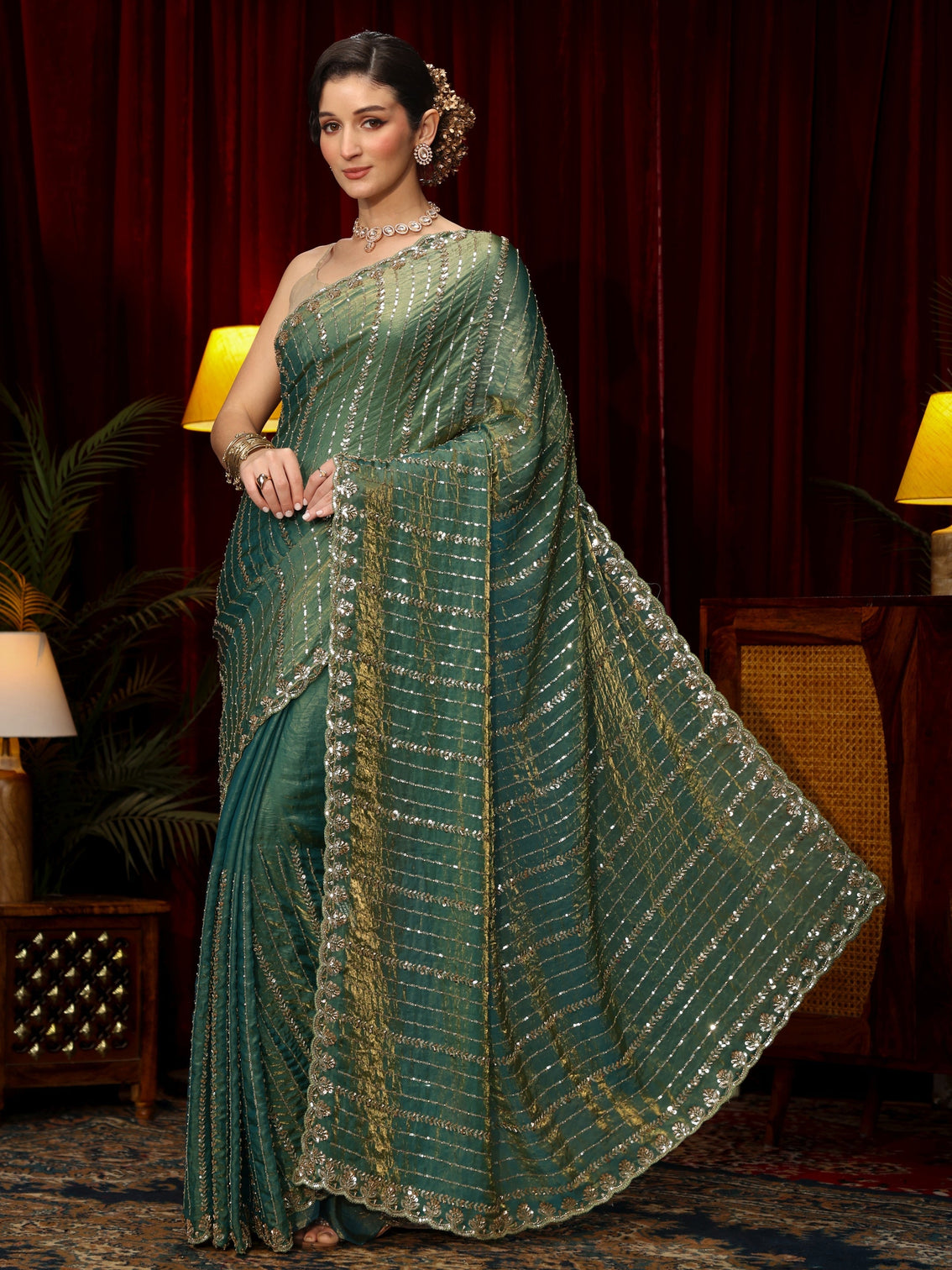 Mameraa Art Sea Green Sequin Embellished Tissue Saree
