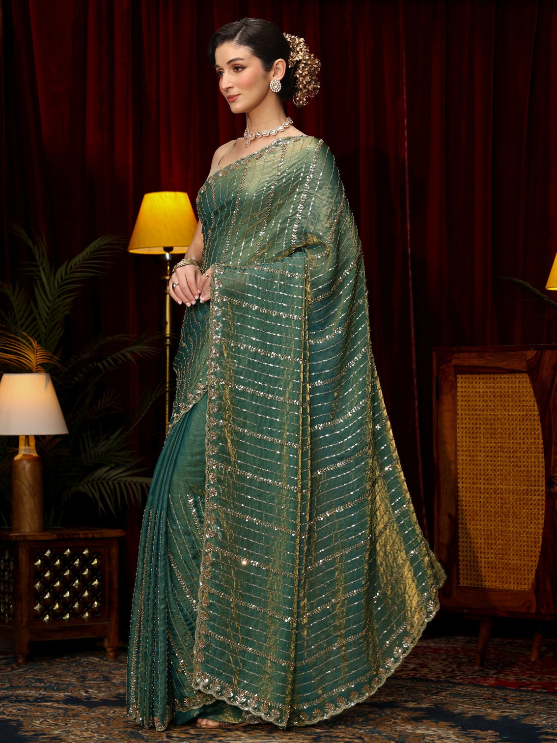 Mameraa Art Sea Green Sequin Embellished Tissue Saree