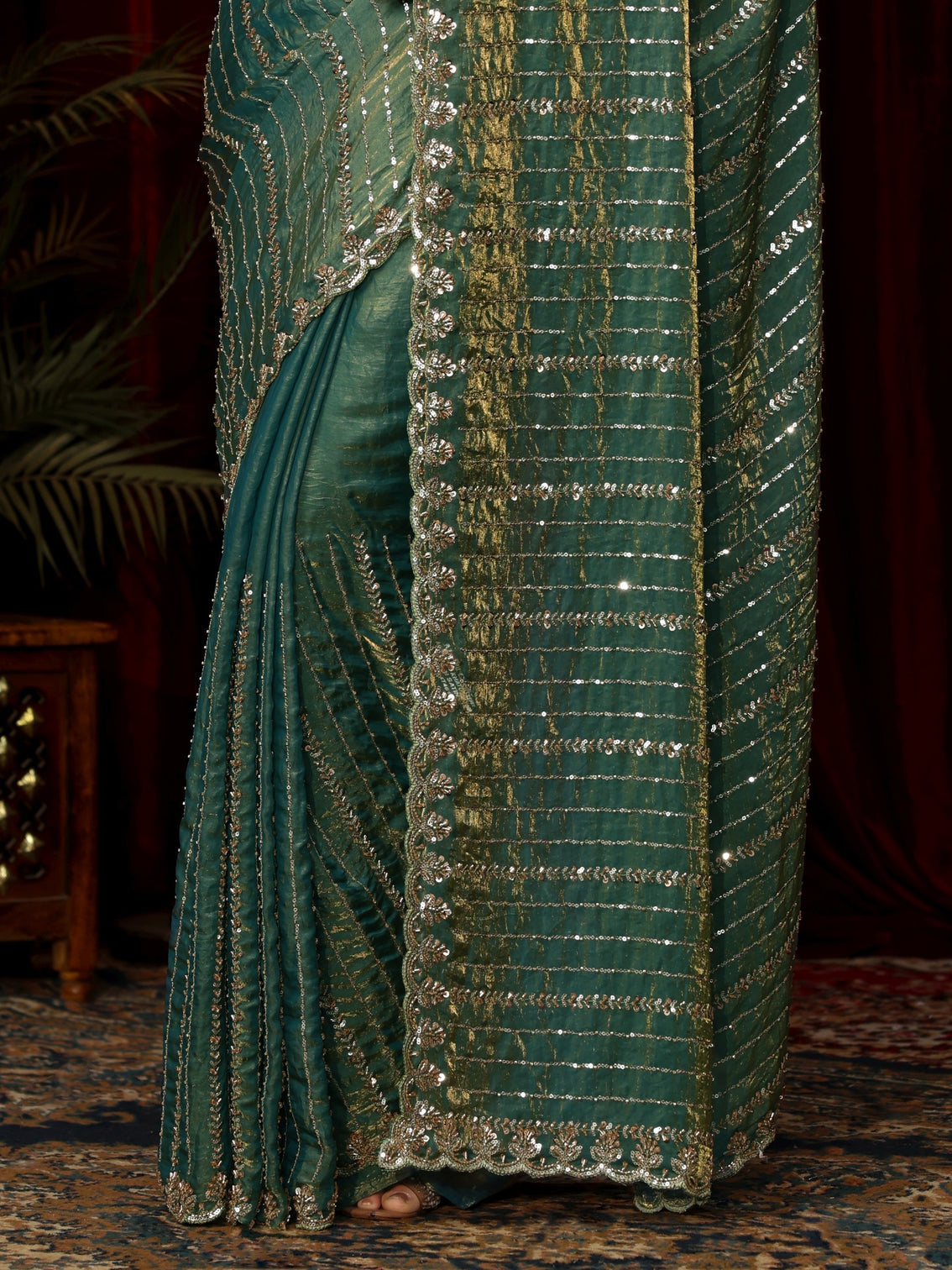 Mameraa Art Sea Green Sequin Embellished Tissue Saree