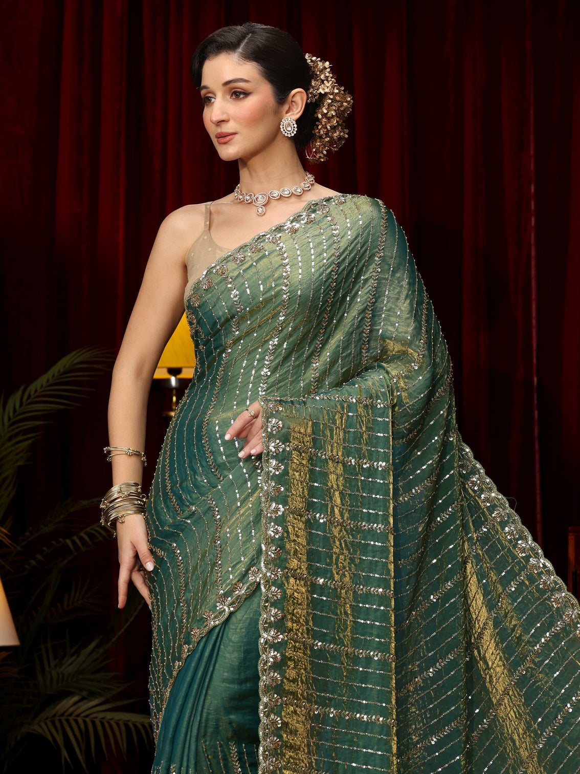 Mameraa Art Sea Green Sequin Embellished Tissue Saree
